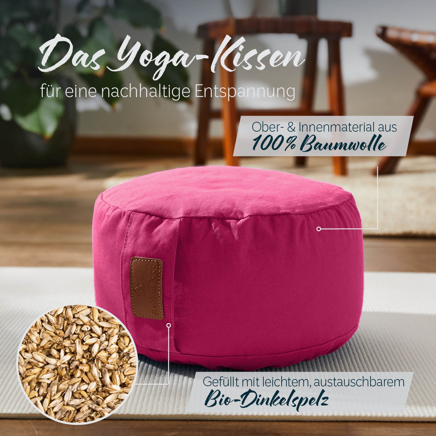 Yoga-Kissen Vishnu rund 30x30x15 cm pink, gefüllt mit Bio-Dinkelspelz, Bezug aus 100% Baumwolle, waschbar und nachhaltig.