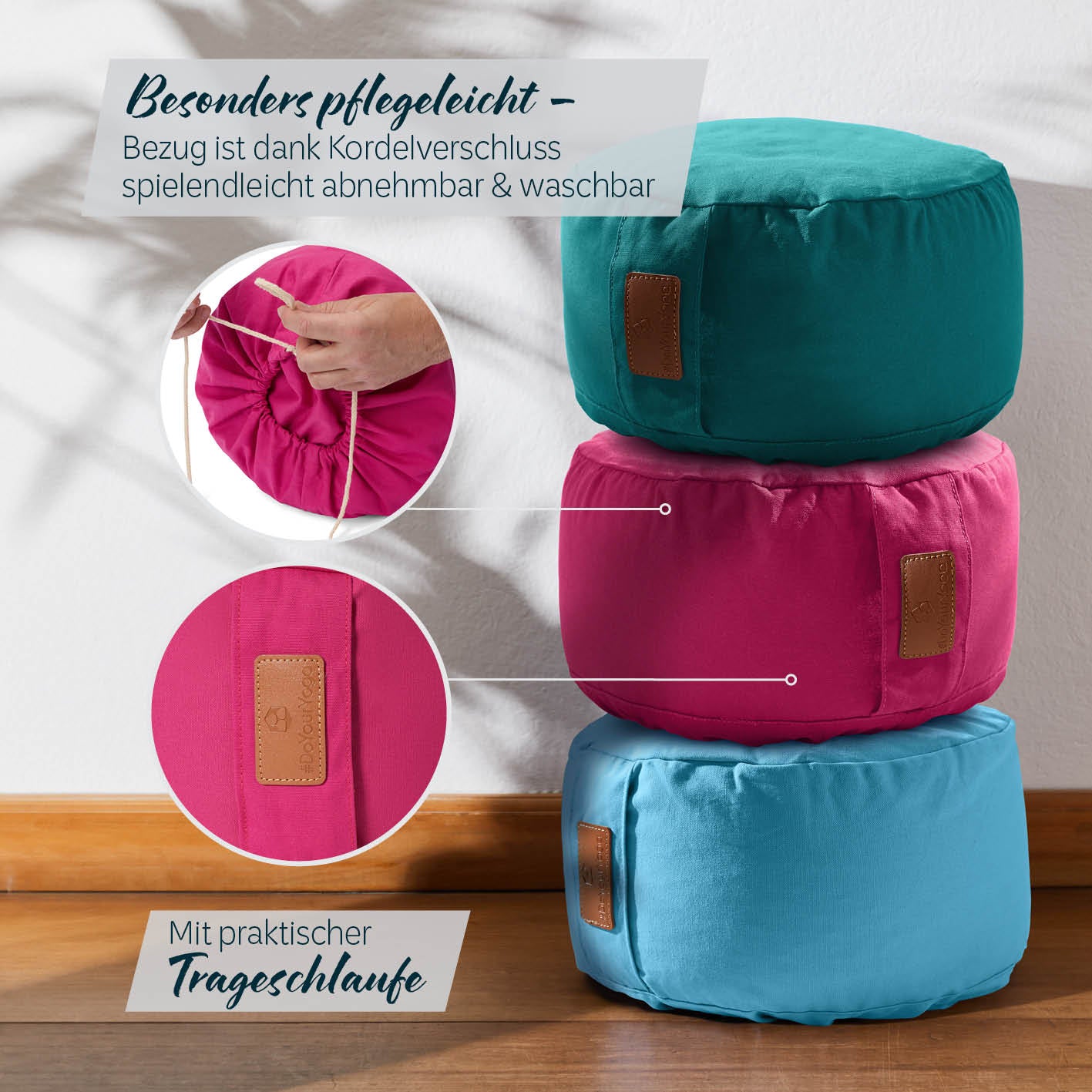 Yoga-Kissen Vishnu - gefüllt mit Bio-Dinkelspelz, rund 30x30x15 cm, pink, waschbarer Baumwollbezug mit Kordelverschluss, pflegeleicht.