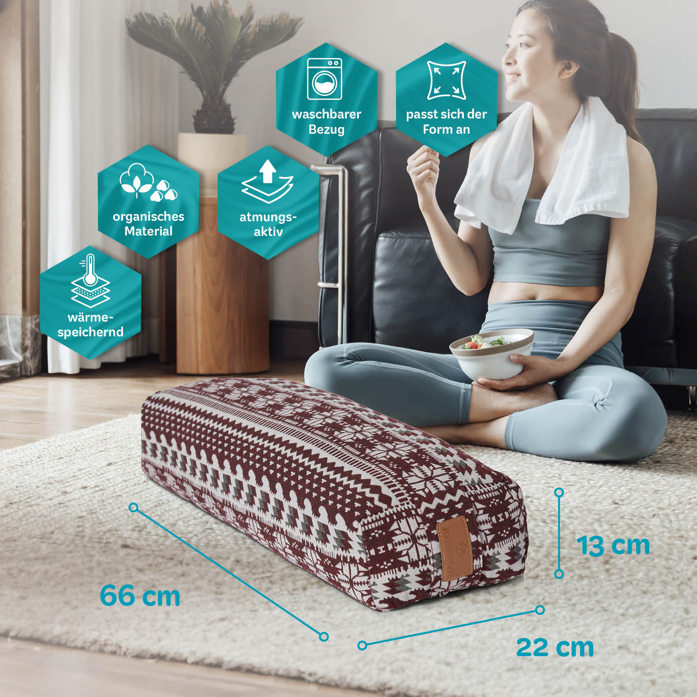 Yoga-Bolster Paravati - gefüllt mit Bio-Dinkelspelz, 67 x 22 x 13 cm, Rot-Weiß, atmungsaktiv, waschbarer Bezug, anpassbar.