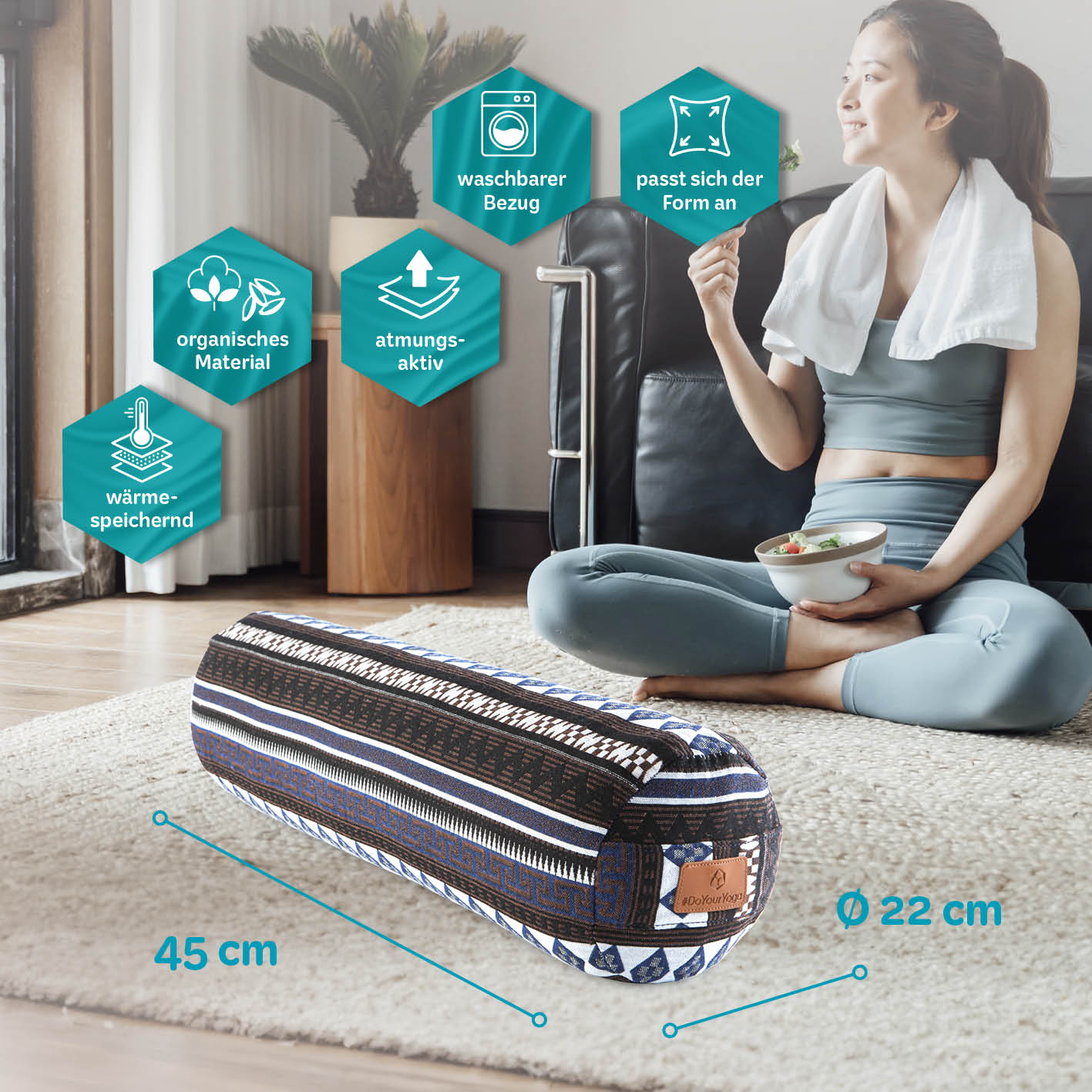 Yoga-Bolster Tarik - gefüllt mit Bio-Dinkelspelz, 45 x 22 cm, waschbarer Bezug, atmungsaktiv, wärmespeichernd, organisches Material.