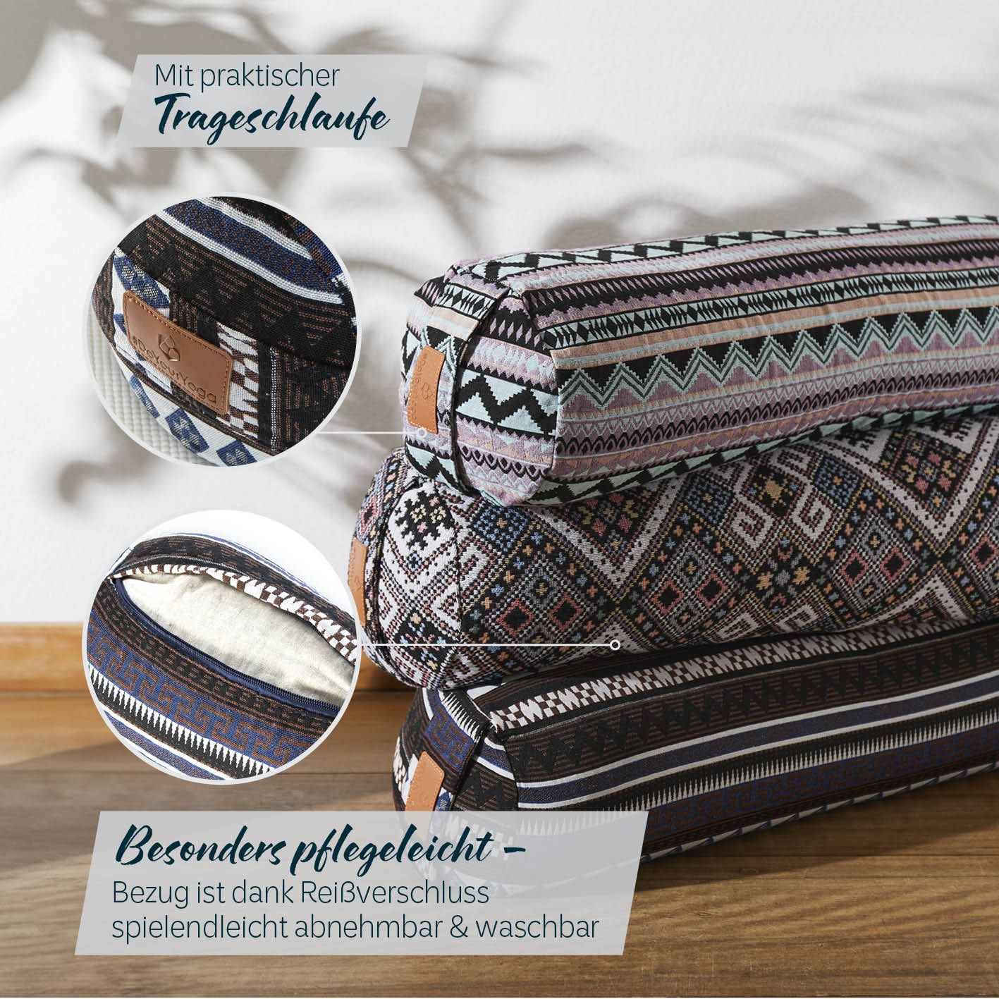 Yoga-Bolster Tarik mit Bio-Dinkelspelz, 68x22x22 cm, abnehmbarer Bezug, praktische Trageschlaufe, pflegeleicht und im indischen Design.