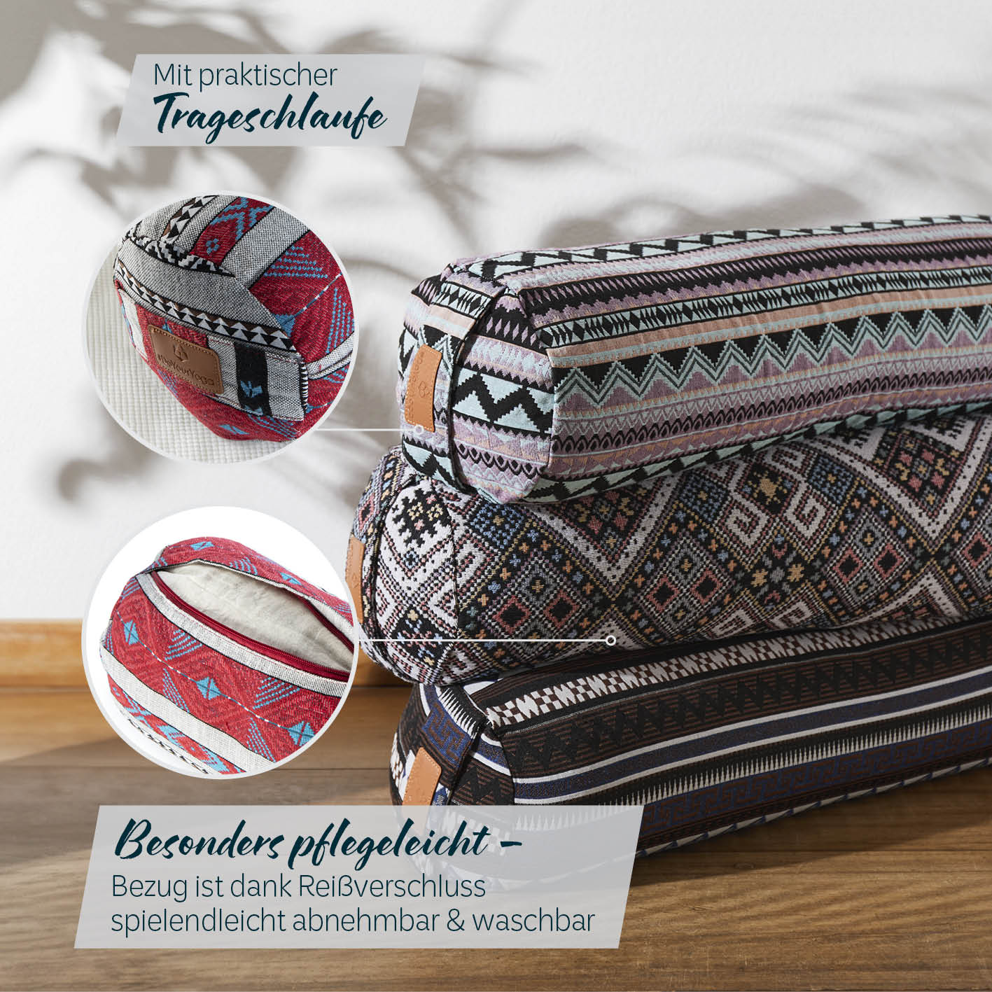 Yoga-Bolster Tarik - gefüllt mit Bio-Dinkelspelz, 68 x 22 x 22 cm, mit praktischem Tragegriff und waschbarem Bezug.