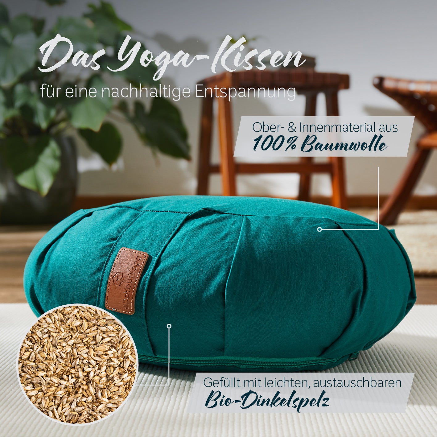 Yoga-Kissen Ganesh Halbmond dunkelgrün, gefüllt mit Bio-Dinkelspelz, Bezug aus 100% Baumwolle, ideal für Yoga und Meditation.