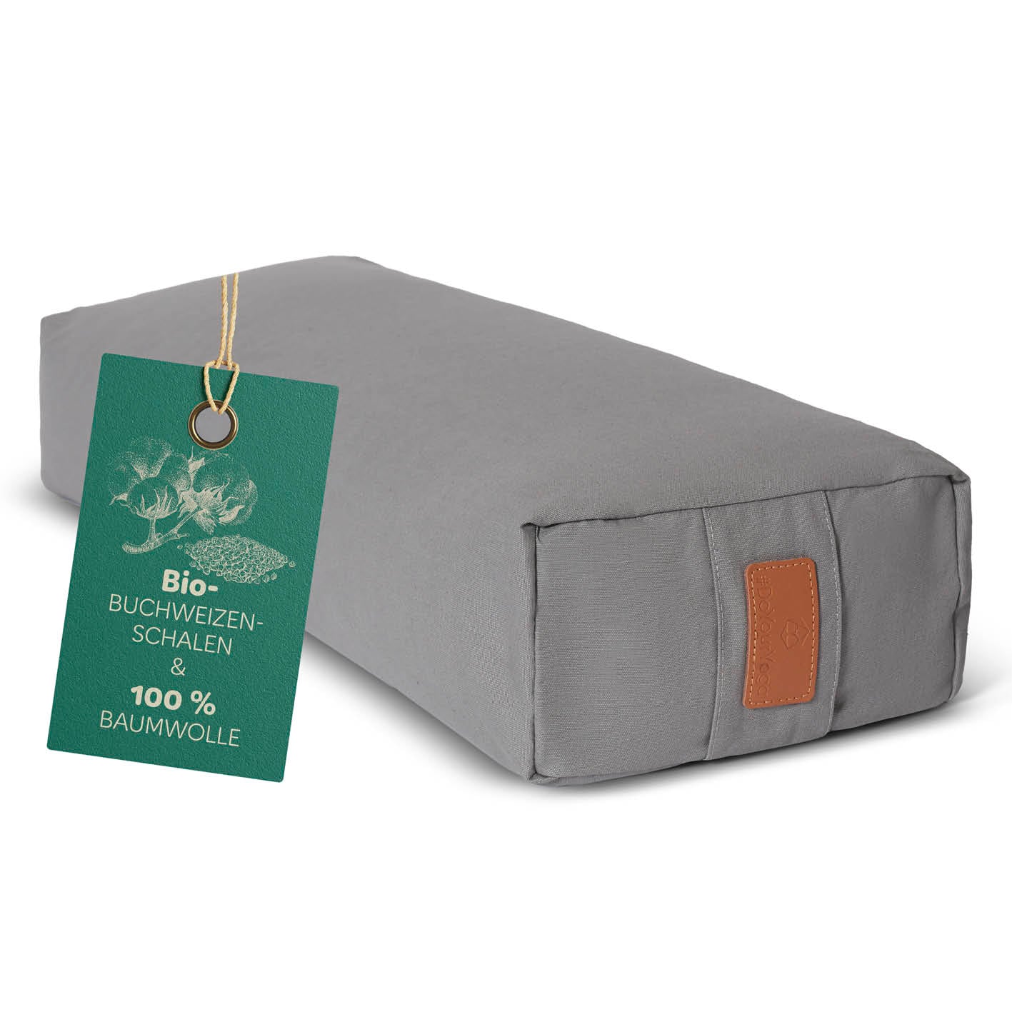 Yoga-Bolster Paravati 67x22x13 cm in Zementgrau, gefüllt mit Bio-Buchweizenschalen und Bezug aus 100% Baumwolle.