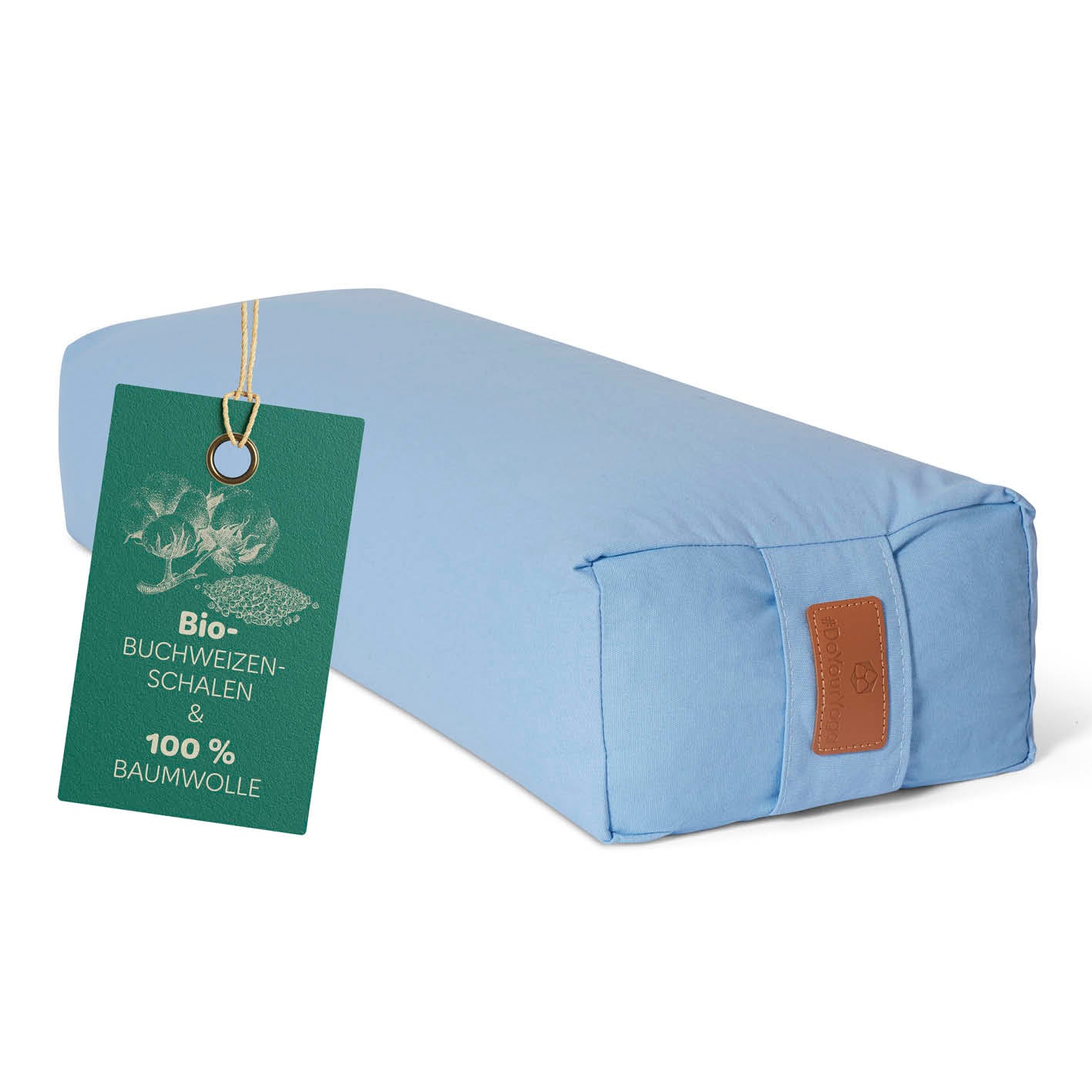 Yoga-Bolster Paravati in Hellblau, gefüllt mit Bio-Buchweizenschalen, Bezug aus 100% Baumwolle, 67 x 22 x 13 cm.
