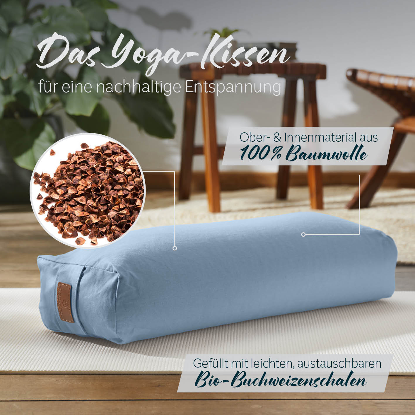 Yoga-Bolster Paravati 67x22x13 cm hellblau, gefüllt mit Bio-Buchweizenschalen, Bezug aus 100% Baumwolle, abnehmbar und waschbar.