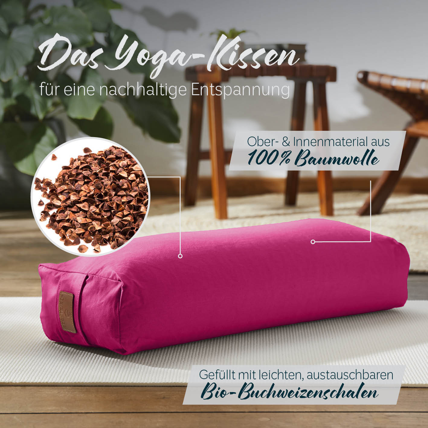 Yoga-Bolster Paravati gefüllt mit Bio-Buchweizenschalen, 67x22x13 cm, Bezug aus 100% Baumwolle, pink für nachhaltige Entspannung.