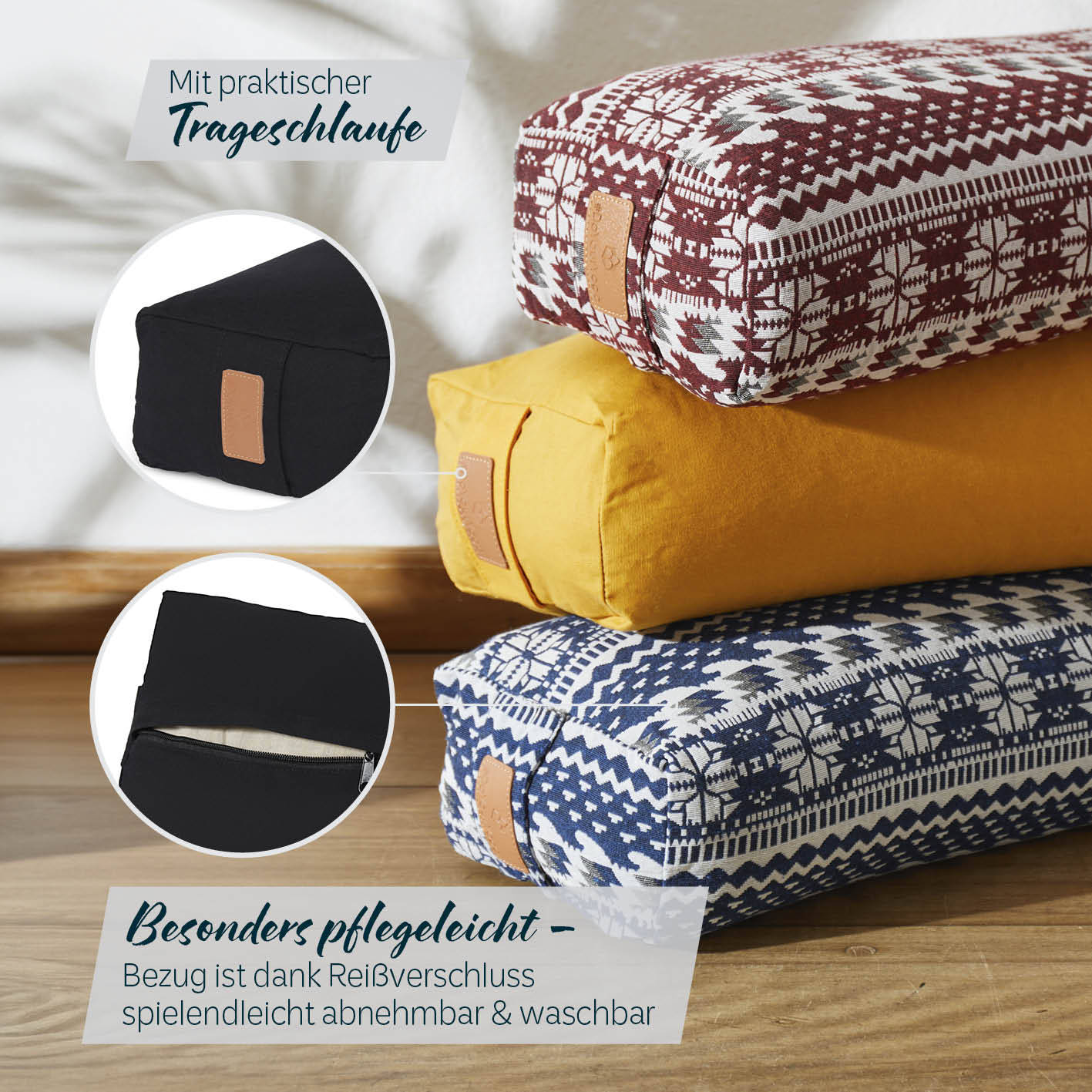 Yoga-Bolster Paravati - gefüllt mit Bio-Buchweizenschalen - 67 x 22 x 13 cm - Schwarz, pflegeleichter Bezug mit Reißverschluss.