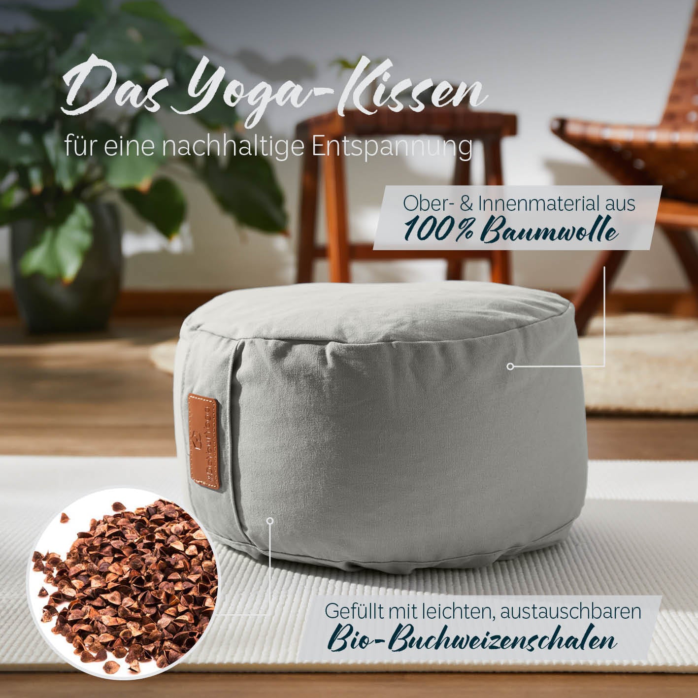 Yoga-Kissen Vishnu rund 30x30x15 cm Grau, gefüllt mit Bio-Buchweizenschalen, Bezug aus 100% Baumwolle, für Yoga und Entspannung.