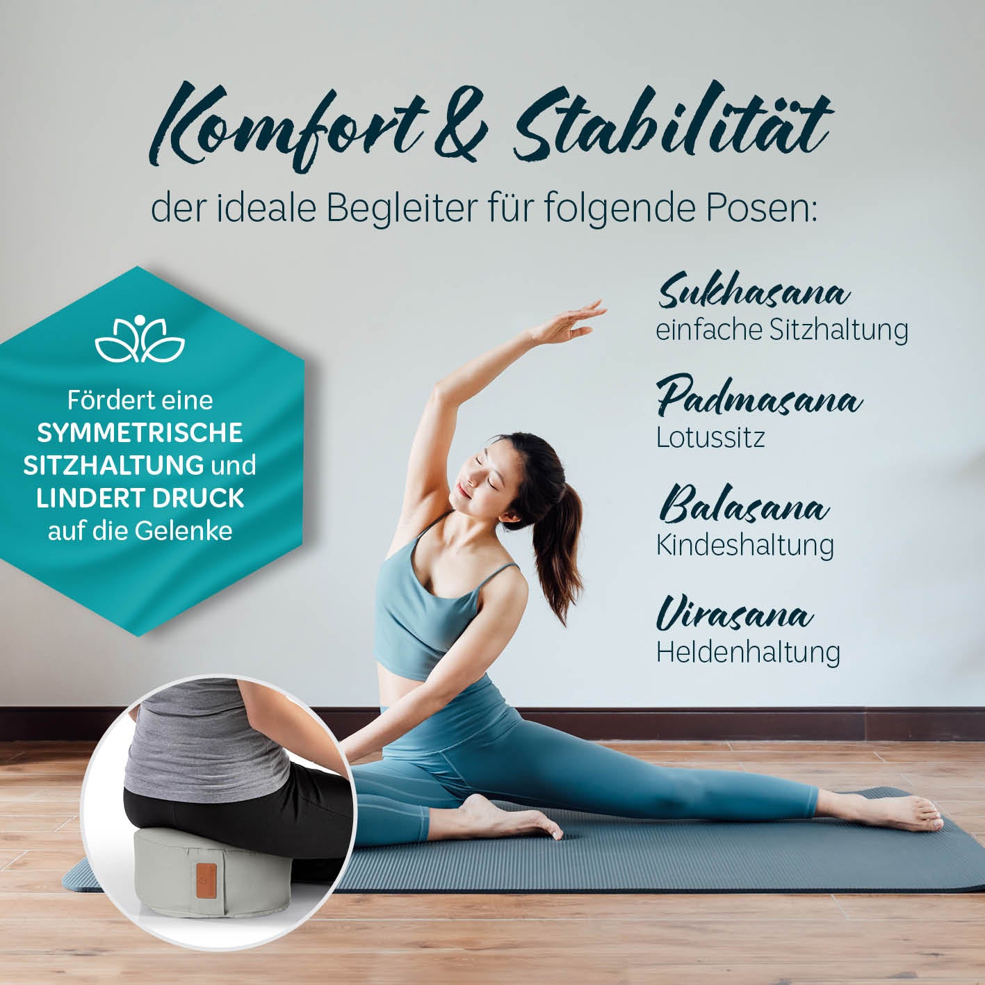 Yoga-Kissen Vishnu rund 30x30x15 cm grau, gefüllt mit Bio-Buchweizenschalen, ideal für Yoga-Posen und Pilates.
