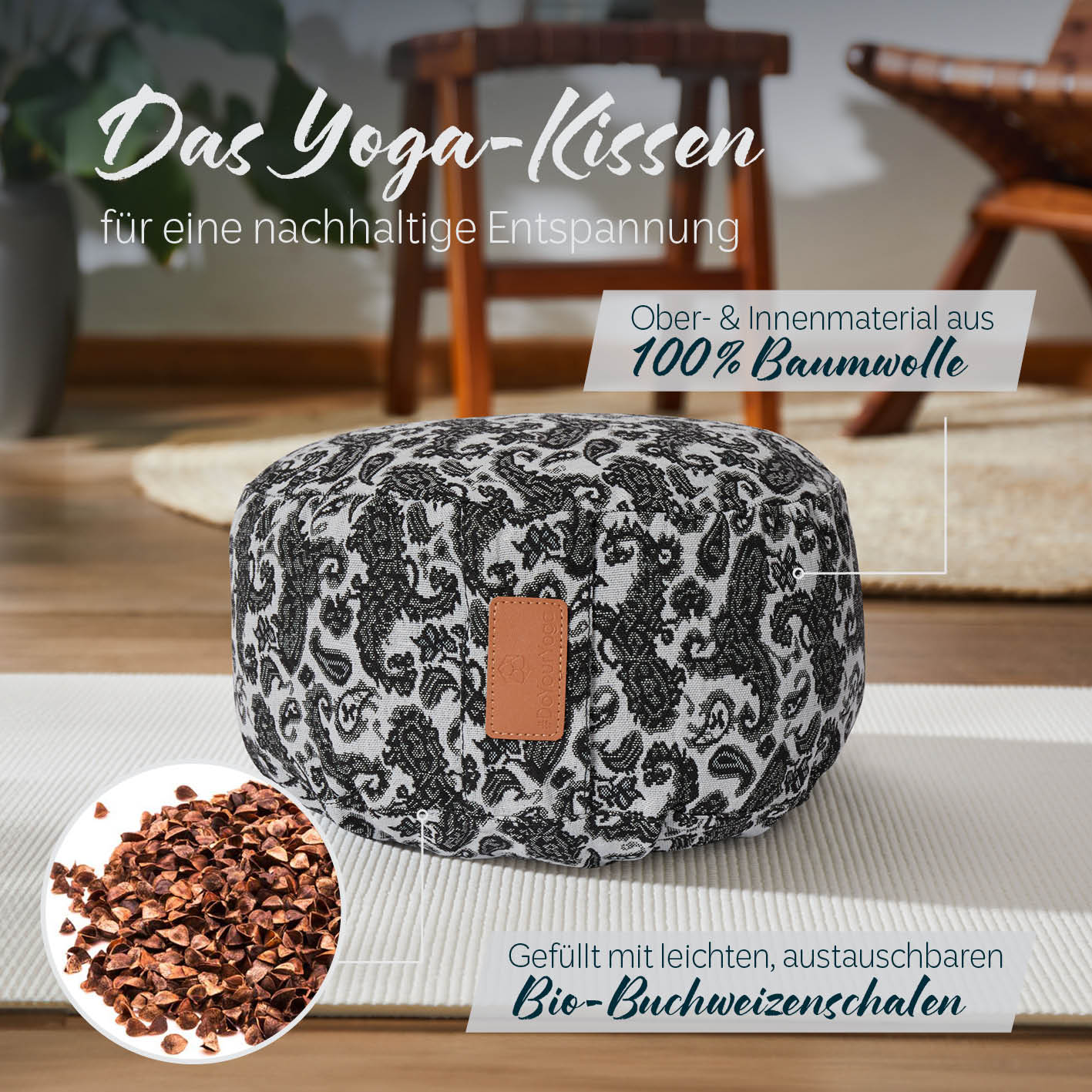 Yoga-Kissen Vishnu, rund 30x30x15 cm, Weiß-Schwarz, gefüllt mit Bio-Buchweizenschalen, 100% Baumwolle, abnehmbarer Bezug