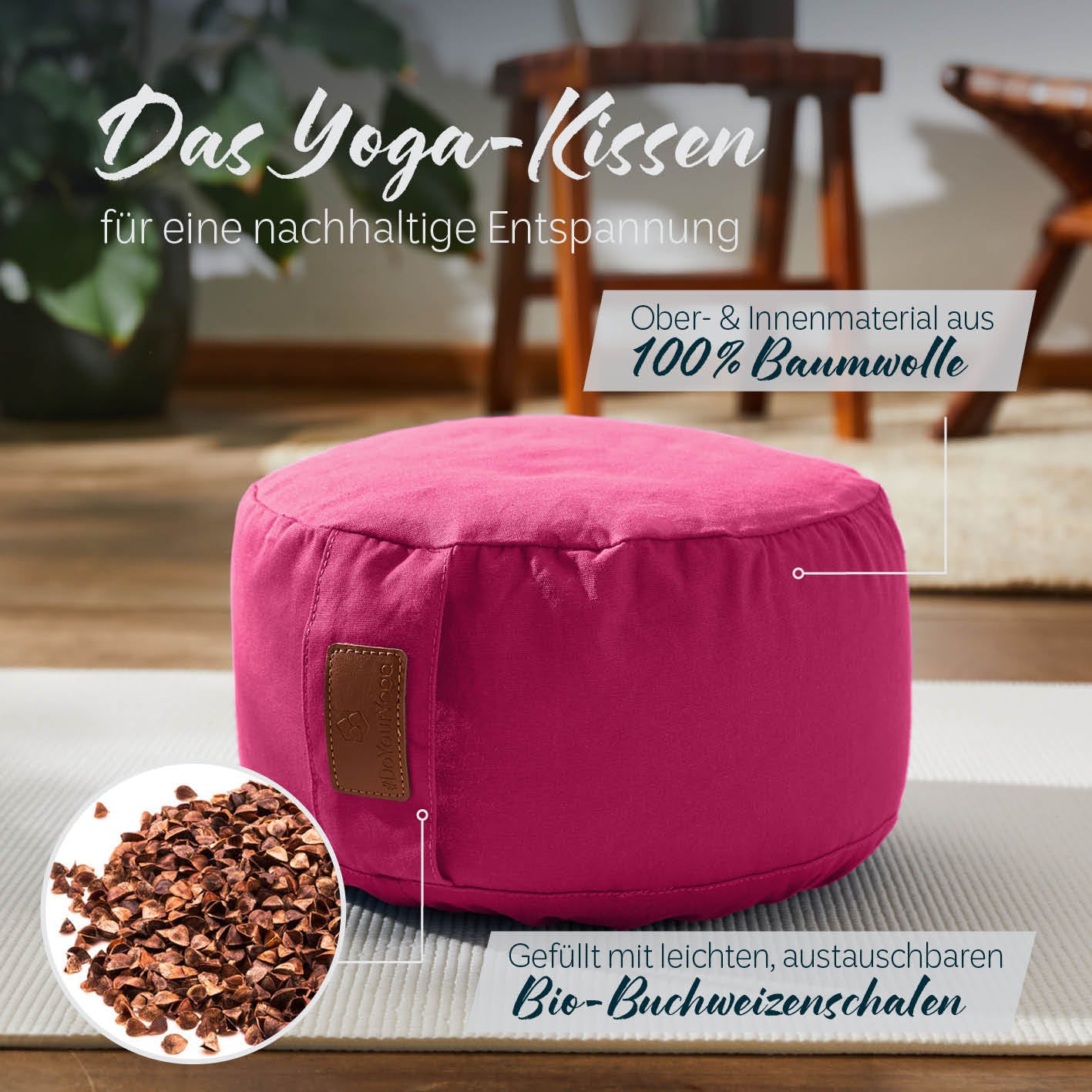 Yoga-Kissen Vishnu rund 30x30x15 cm pink, gefüllt mit Bio-Buchweizenschalen, 100% Baumwolle, ideal für Yoga und Entspannung.