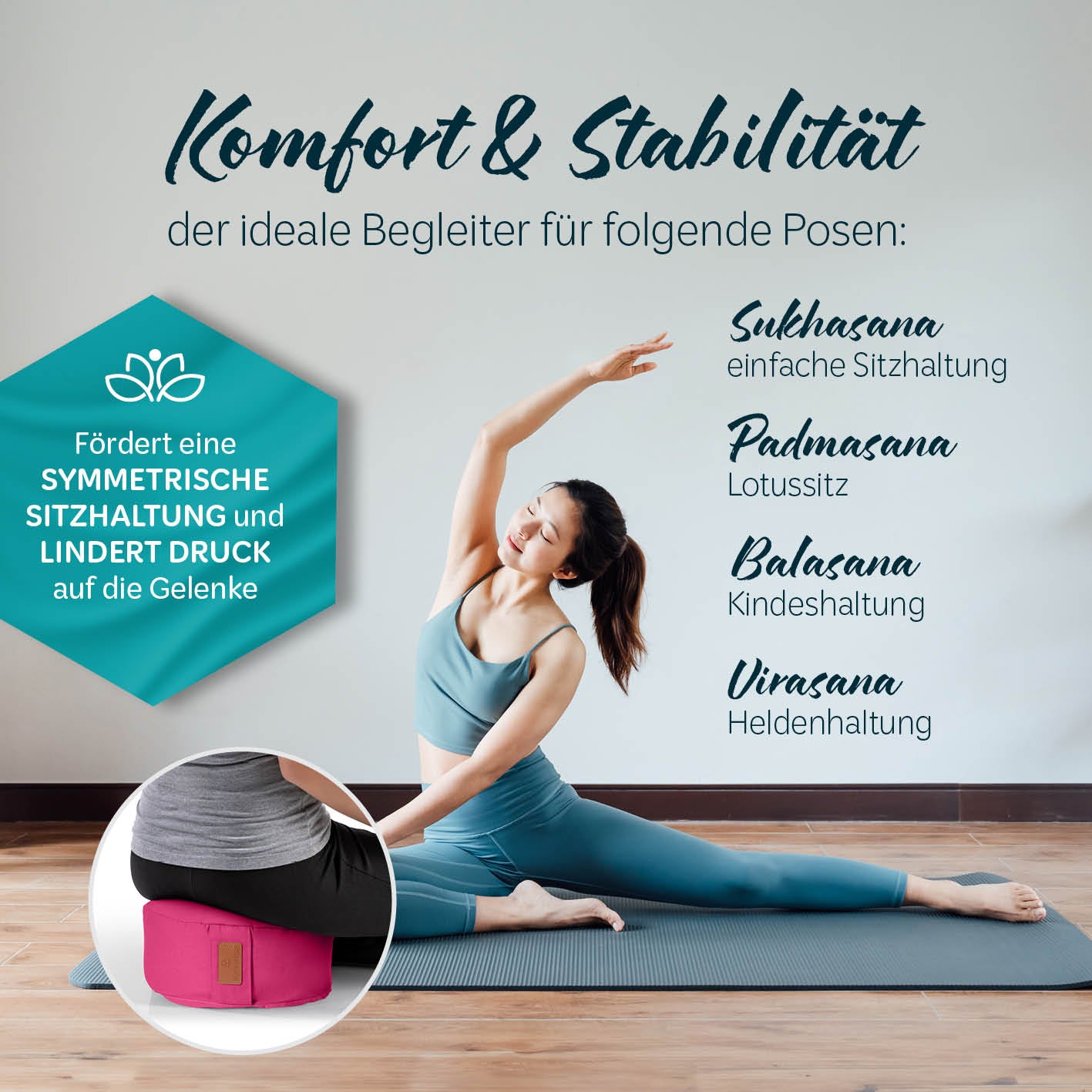 Yoga-Kissen Vishnu rund 30x30x15 cm pink, gefüllt mit Bio-Buchweizenschalen, ideal für Yoga, Pilates und Nackenunterstützung.