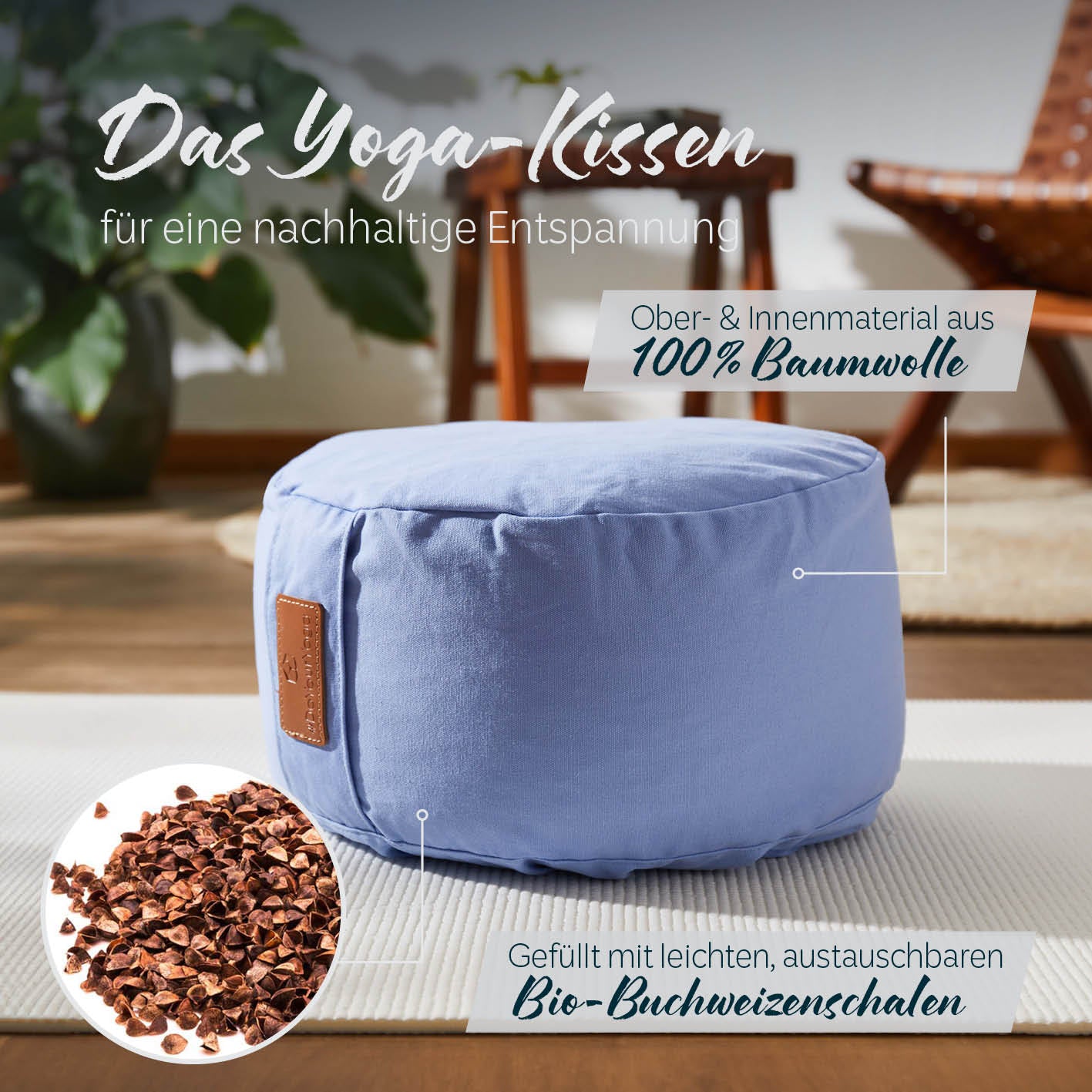 Yoga-Kissen Vishnu rund 30x30x15 cm, gefüllt mit Bio-Buchweizenschalen, Bezug aus 100% Baumwolle, Lavendel, nachhaltige Entspannung.