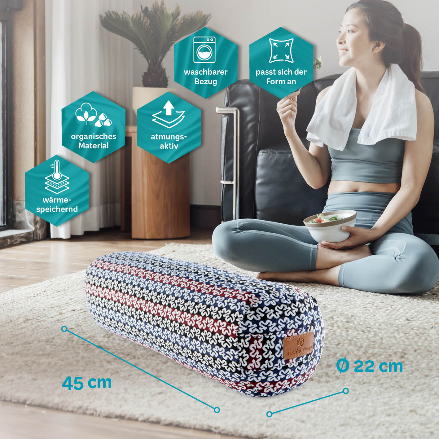 Yoga-Bolster Tarik - gefüllt mit Bio-Buchweizenschalen, 45 x 22 cm, organisch, waschbarer Bezug, atmungsaktiv und wärmespeichernd.