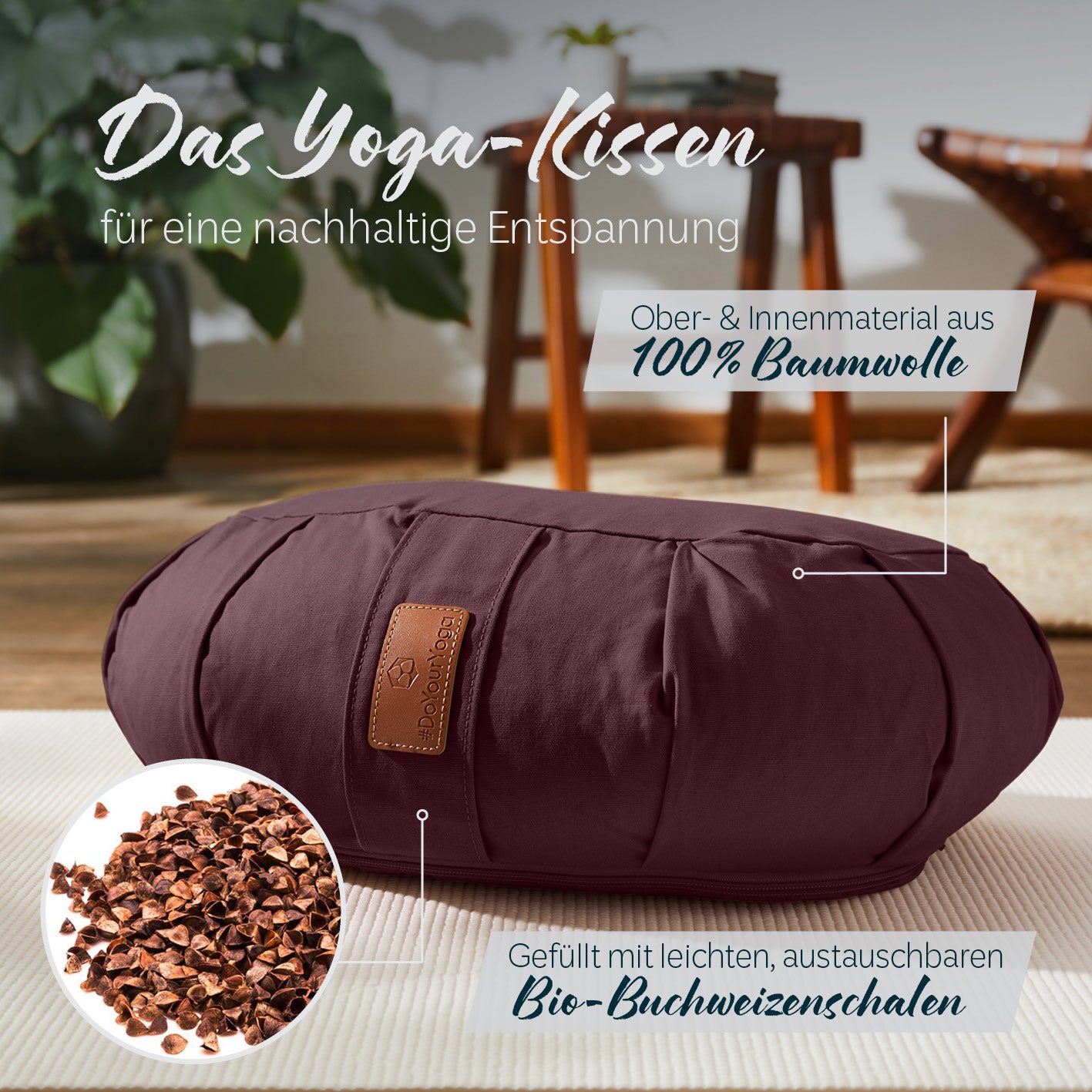 Yoga-Kissen Ganesh Halbmond Braun aus 100% Baumwolle, gefüllt mit Bio-Buchweizenschalen für nachhaltige Entspannung und Meditation.