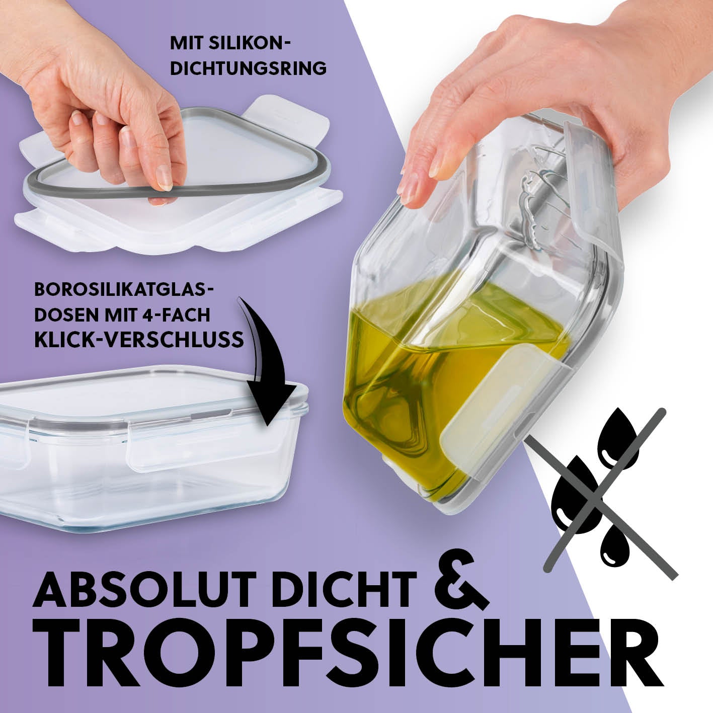 Frischhaltedosen Klick-it, 12-tlg., Grau aus Borosilikatglas mit Silikondichtungsring und 4-fach Klickverschluss, absolut dicht und tropfsicher.