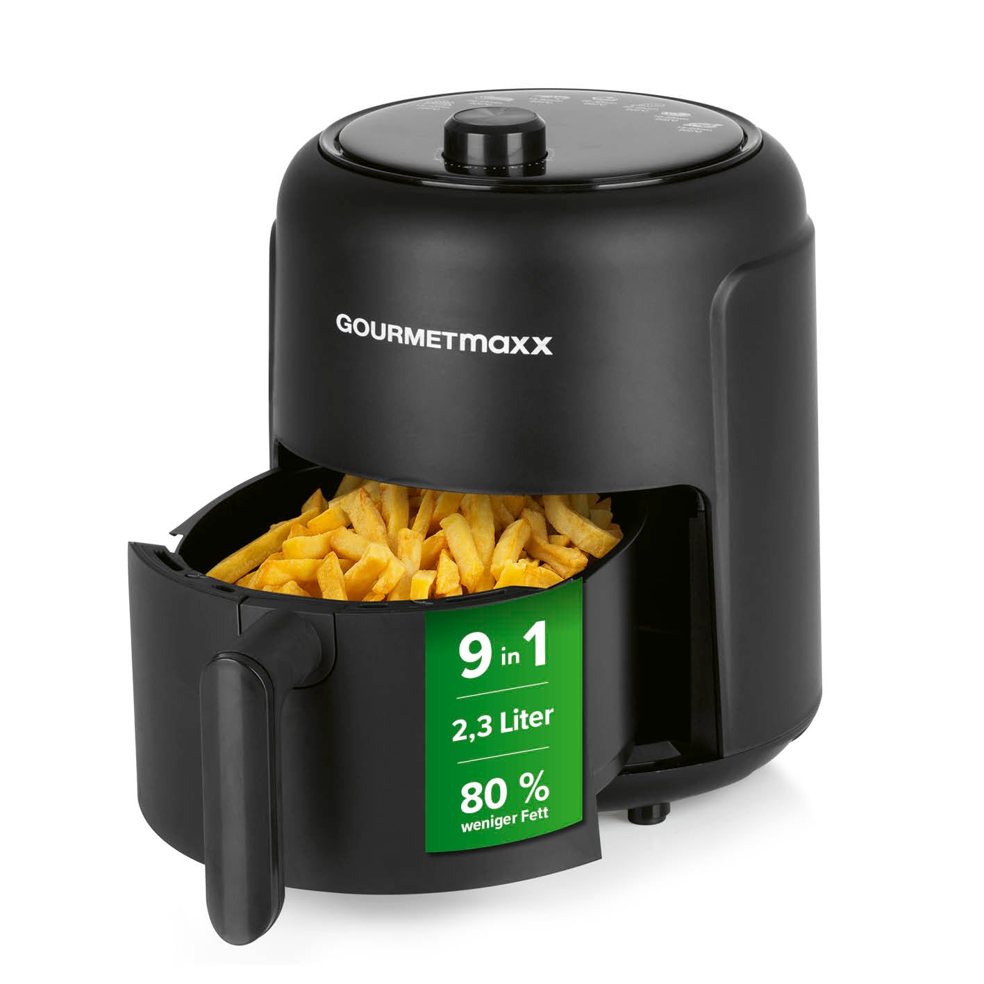 Heißluftfritteuse 2,3l von GOURMETmaxx mit 9 Funktionen, 2,3 Liter Fassungsvermögen und 80 % weniger Fett beim Frittieren.