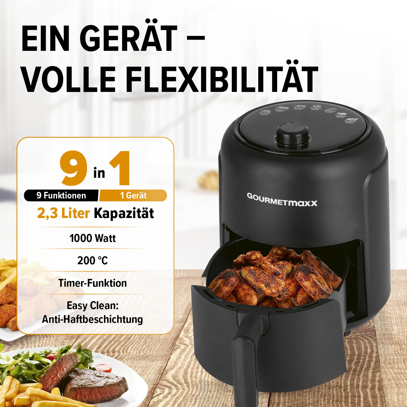 Heißluftfritteuse 2,3l mit 9 Funktionen, 1000W, 200°C, Timer und Anti-Haftbeschichtung für fettarmes Frittieren.