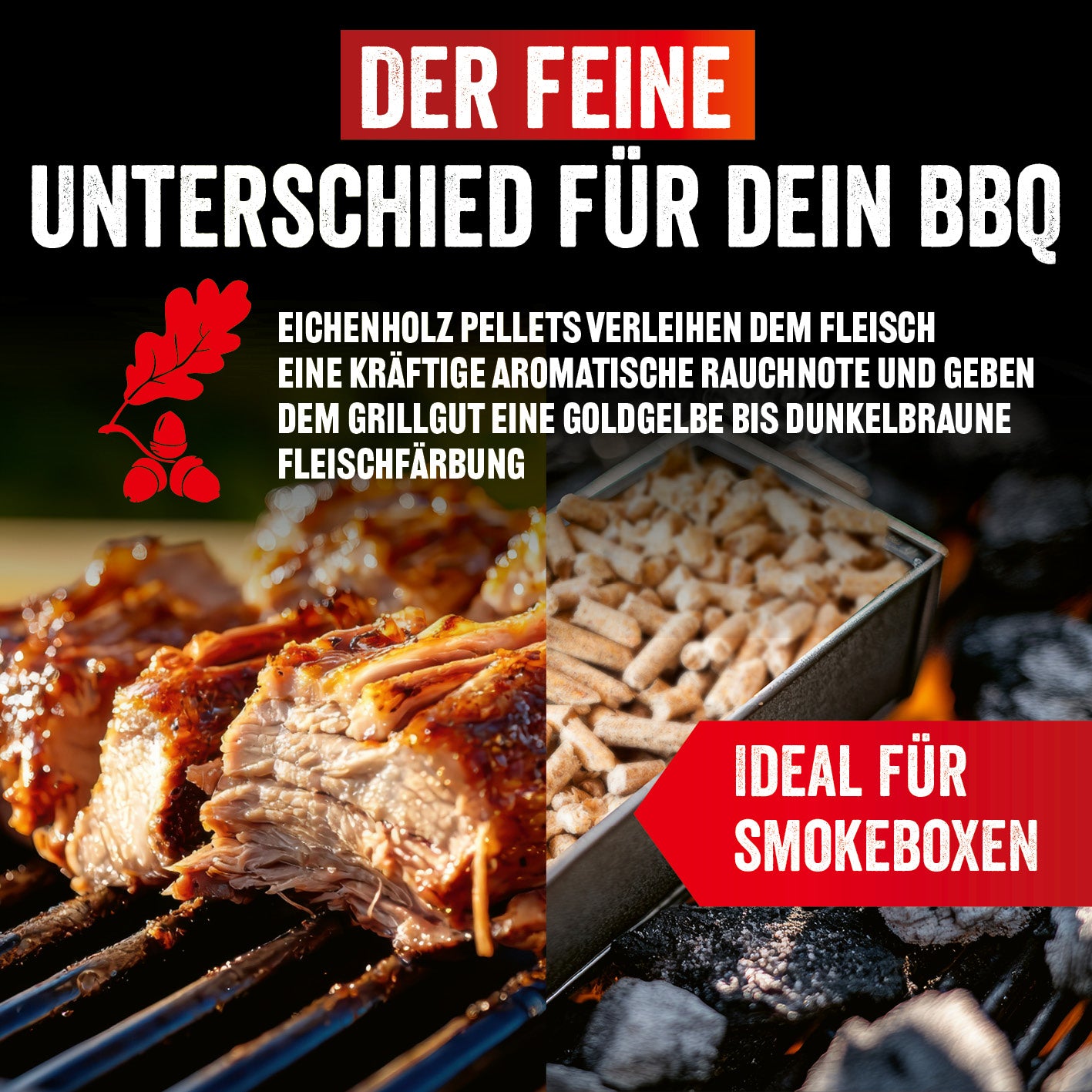 Grillpellets Eichenholz 10 kg für aromatische Rauchnote, goldbraune Fleischfärbung, ideal für Smokeboxen und vielseitigen Grillgenuss.