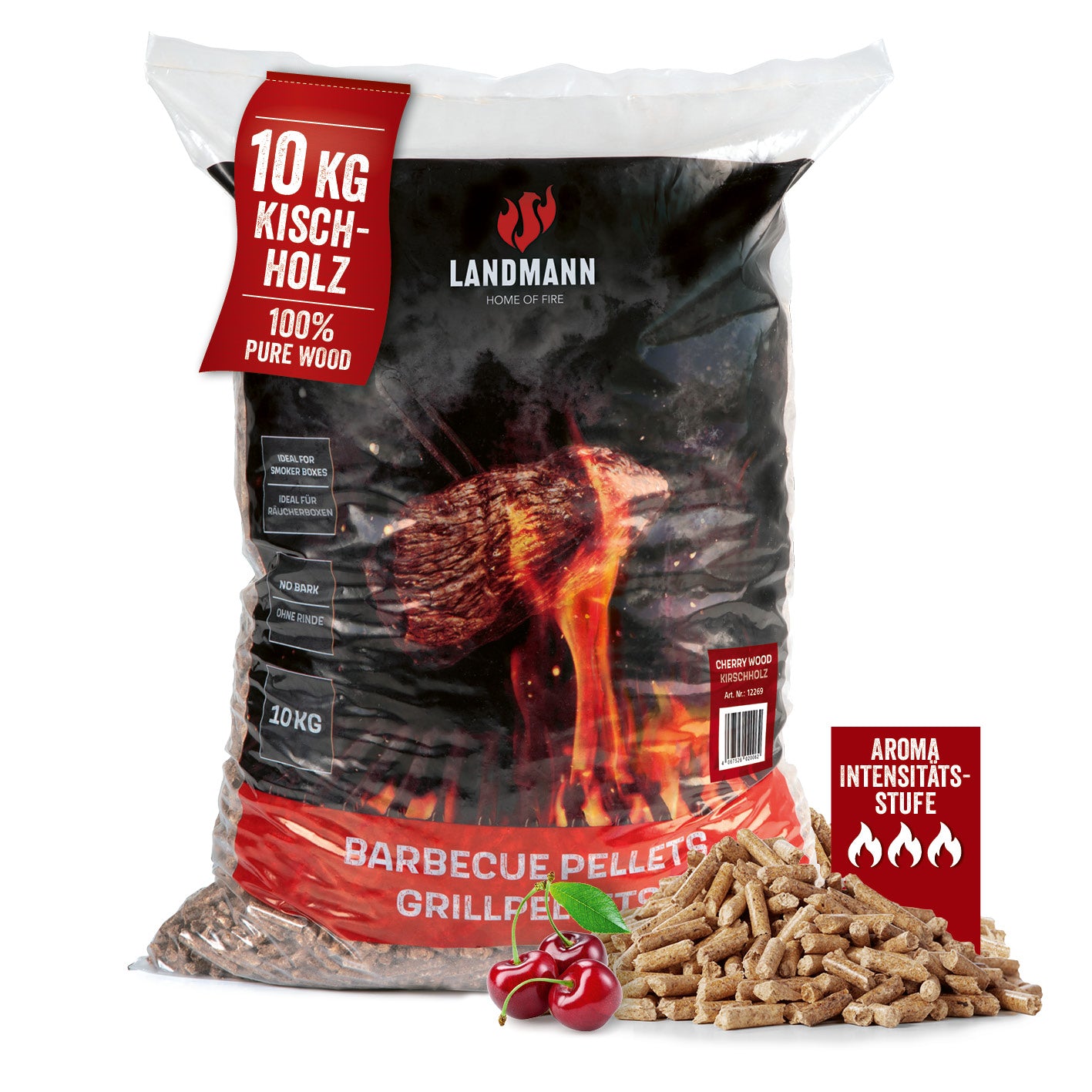 Grillpellets Kirschholz 10 kg für rauchigen Geschmack und vielseitigen Einsatz bei Smoker, Holzkohle- und Pelletgrills.
