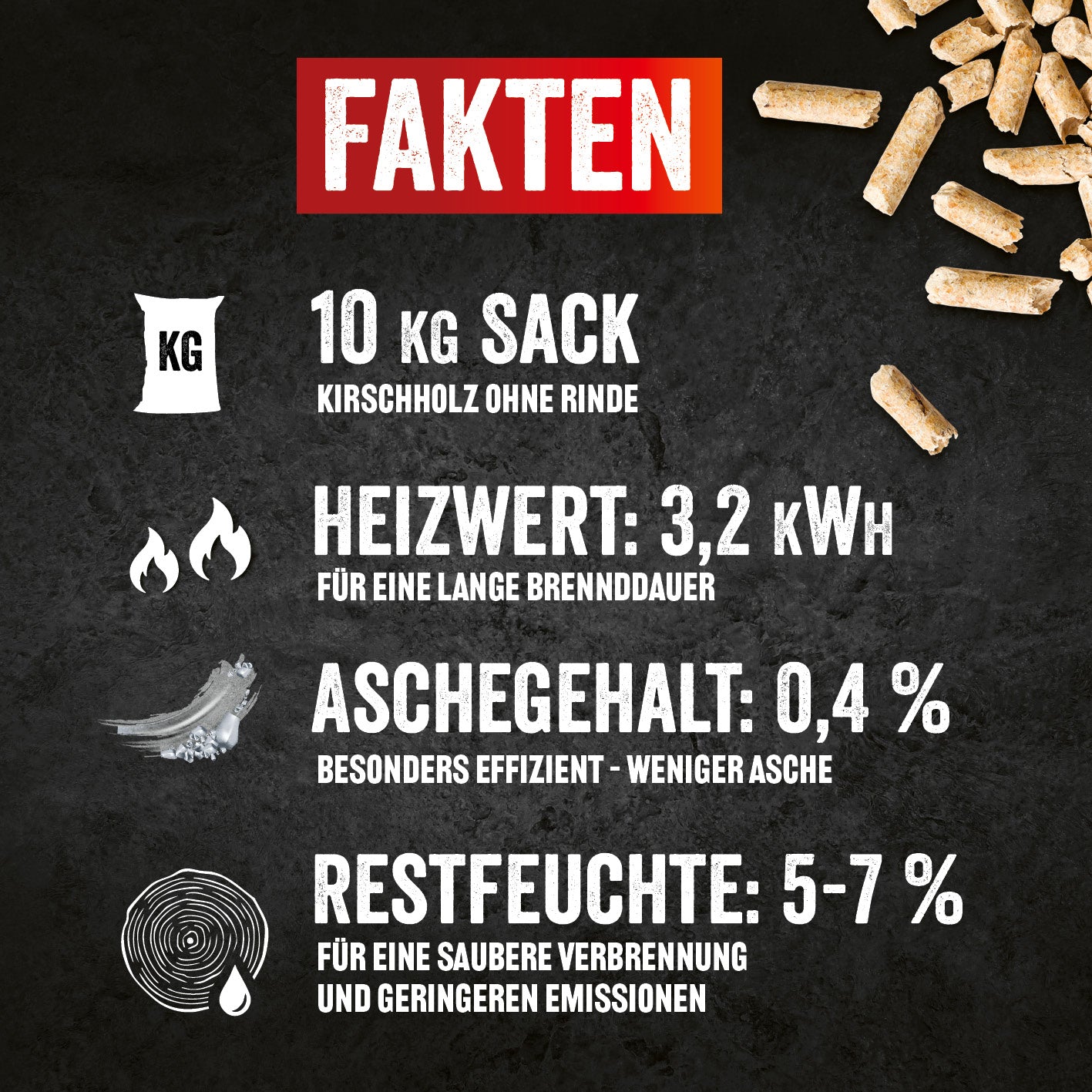 Grillpellets Kirschholz 10 kg mit hohem Heizwert, geringem Aschegehalt und Restfeuchte für effizientes Grillen und saubere Verbrennung.