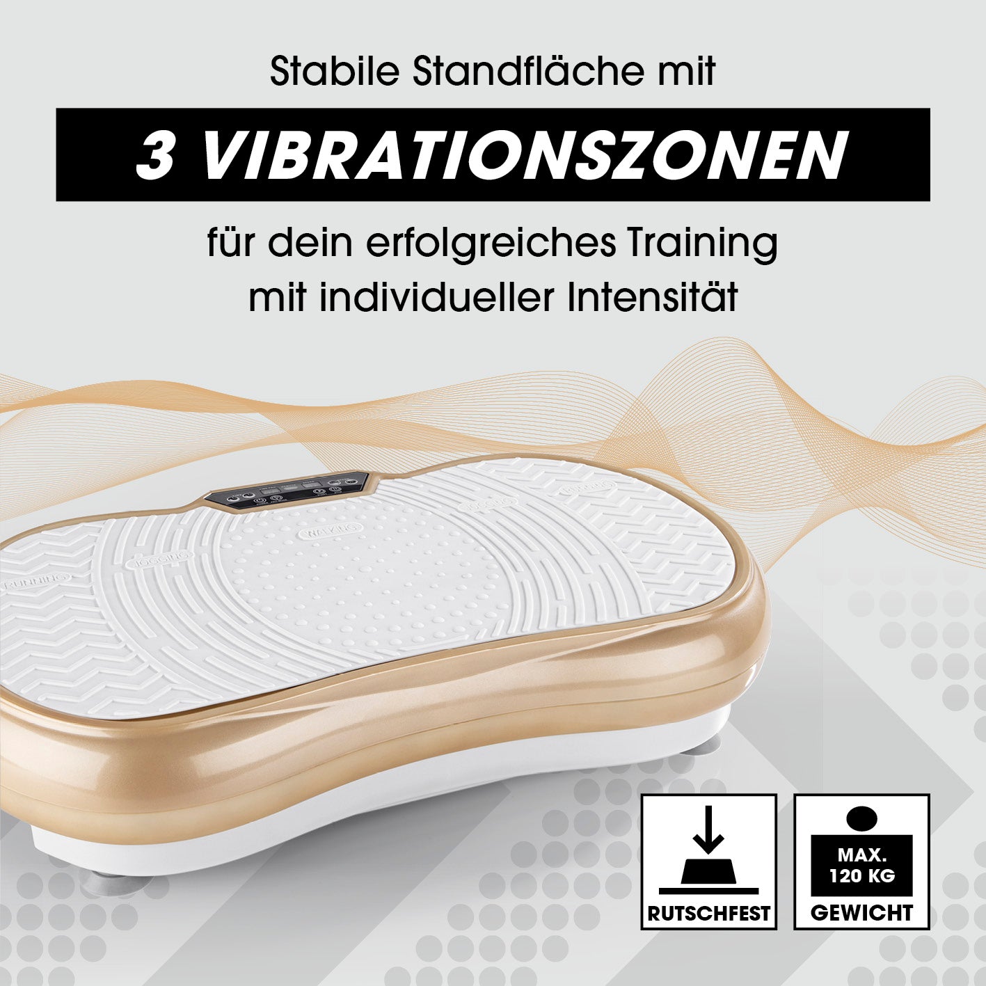 Vibrationstrainer mit Expanderbändern - weiß/champagner mit 3 Vibrationszonen und rutschfester Standfläche für effektives Ganzkörpertraining.