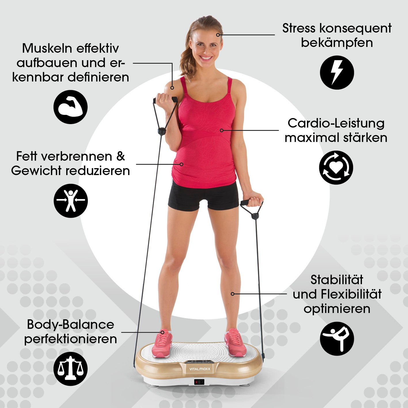 Vibrationstrainer mit Expanderbändern - weiß/champagner, kompaktes Ganzkörpergerät mit 99 Vibrationsstufen und rutschfester Standfläche.