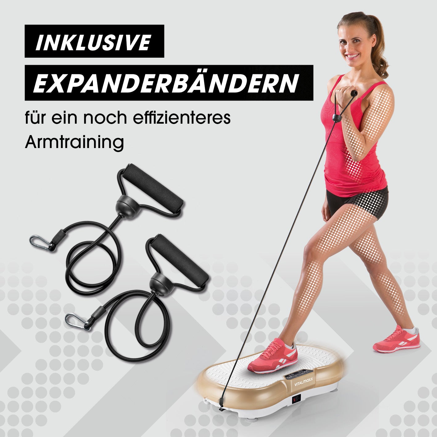 Vibrationstrainer mit Expanderbändern - weiß/champagner mit Griffen für effektives Ganzkörpertraining und Armtraining zuhause.