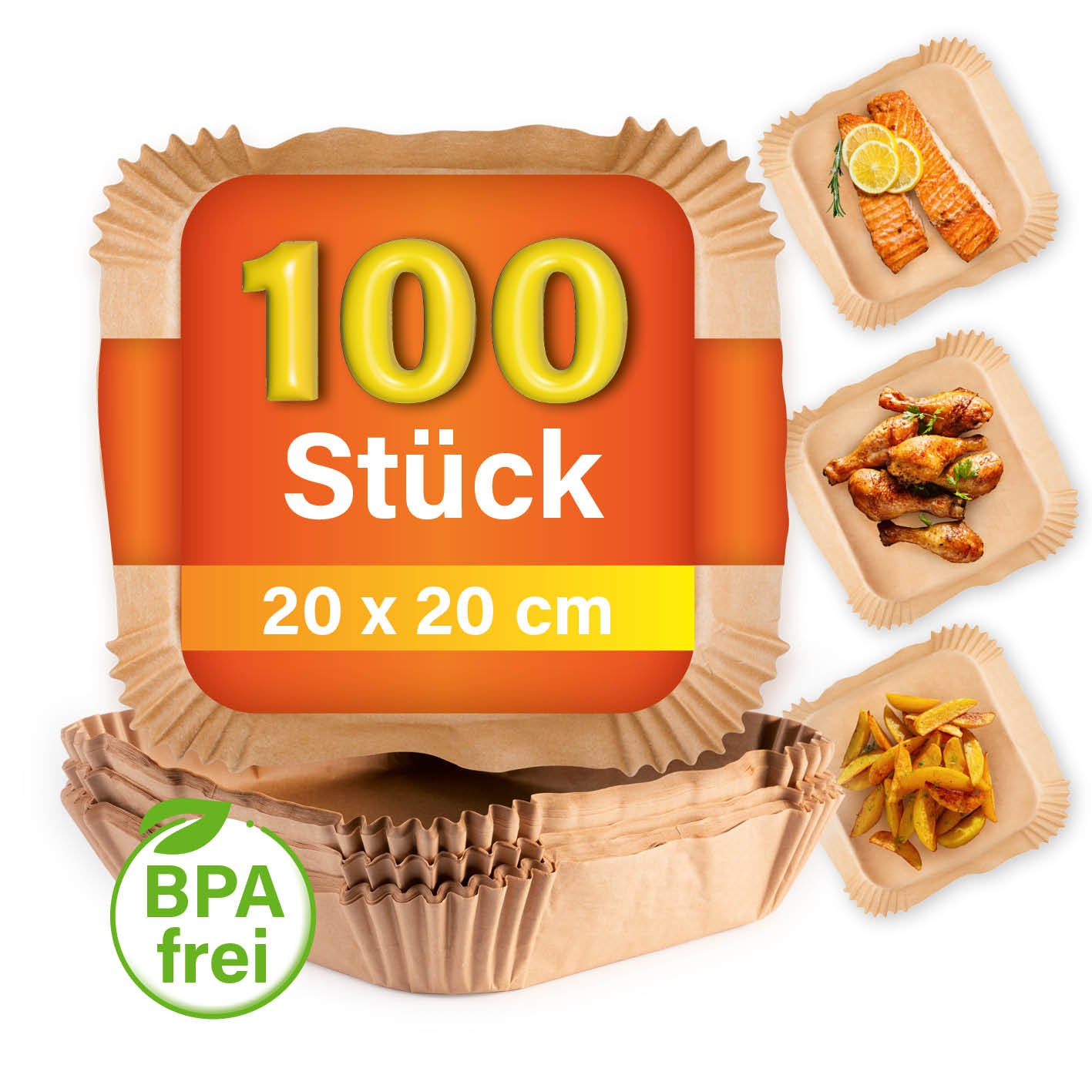 Backpapierschalen für Heißluftfritteusen (5–6 l) - 100 Stück, hitzebeständig und ölresistent mit 4,5 cm Rand für sauberes Frittieren.