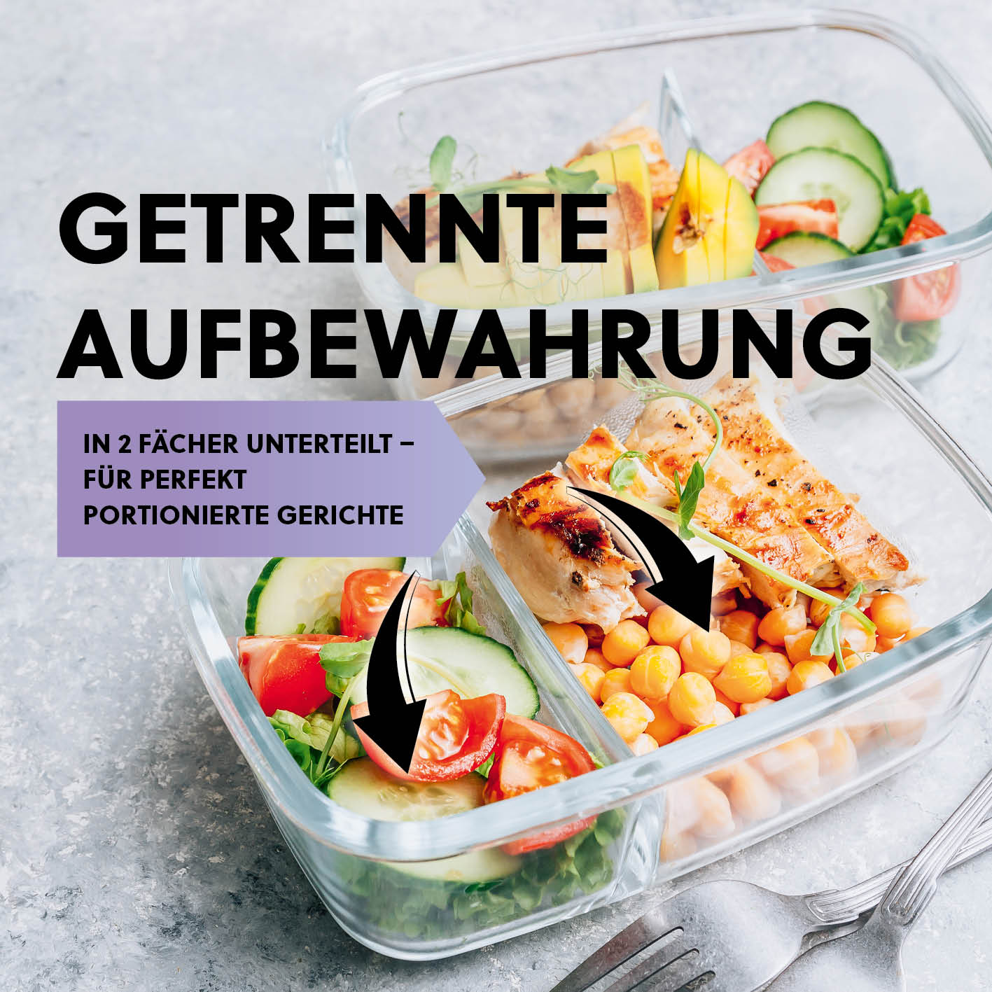 Frischhaltedosen Klick-it - 16-tlg. - Grün mit 2 Fächern zur getrennten Aufbewahrung von Salat und Hauptgericht.