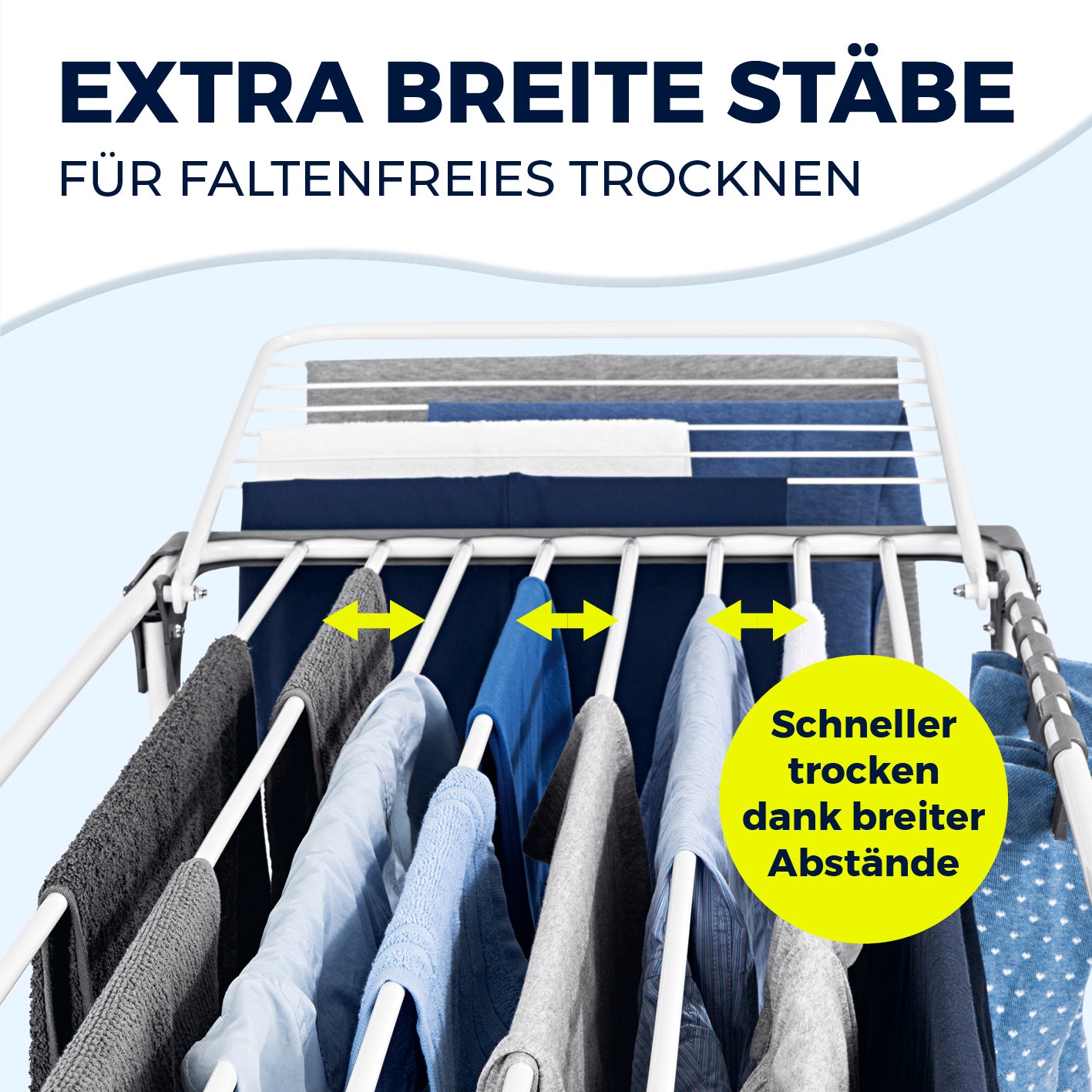 Falt-Wäscheständer 2500 mit extra breiten Stäben für schnelles, faltenfreies Trocknen großer Waschladungen und wetterfestem Material.