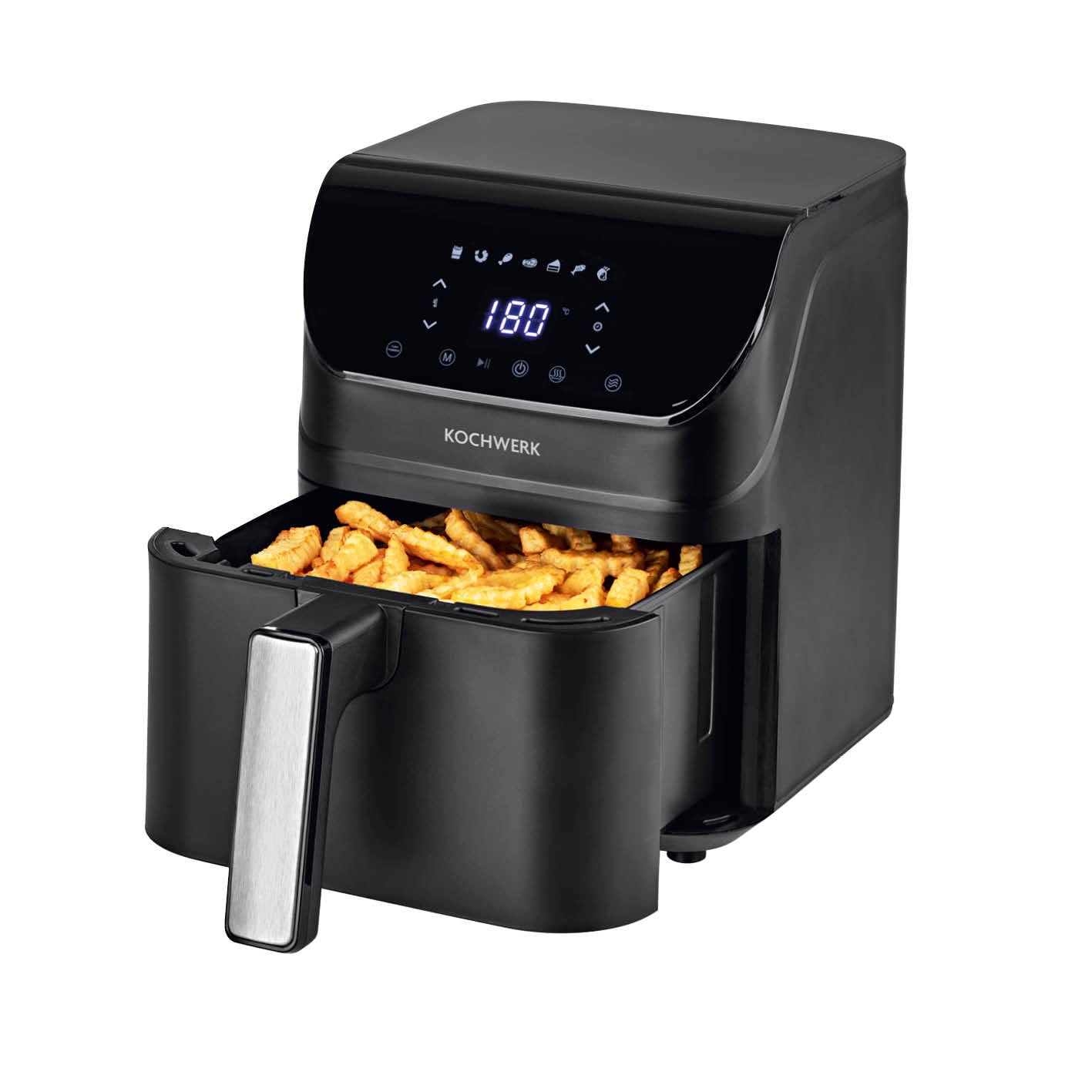 Heißluft-Fritteuse Digital mit Shake-Reminder 4l - 7 Programme, schwarz, mit Frittierkorb und digitalem Display bei 180 Grad.