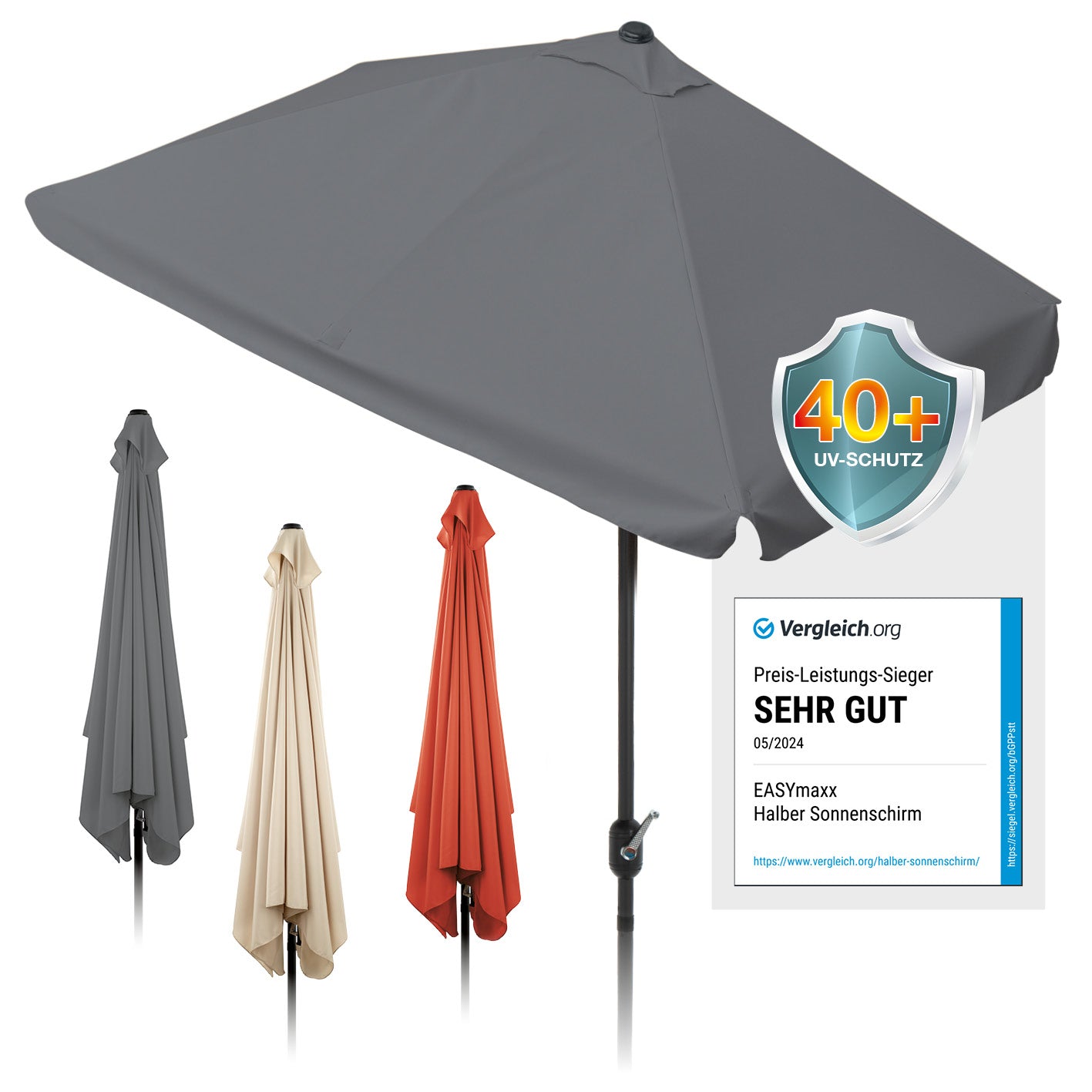 EASYmaxx Sonnenschirm - rechteckig, grau, 230x140x253 cm, UV-Schutz 40+, platzsparend, wetterfest, mit Handkurbel, ideal für kleine Terrassen.