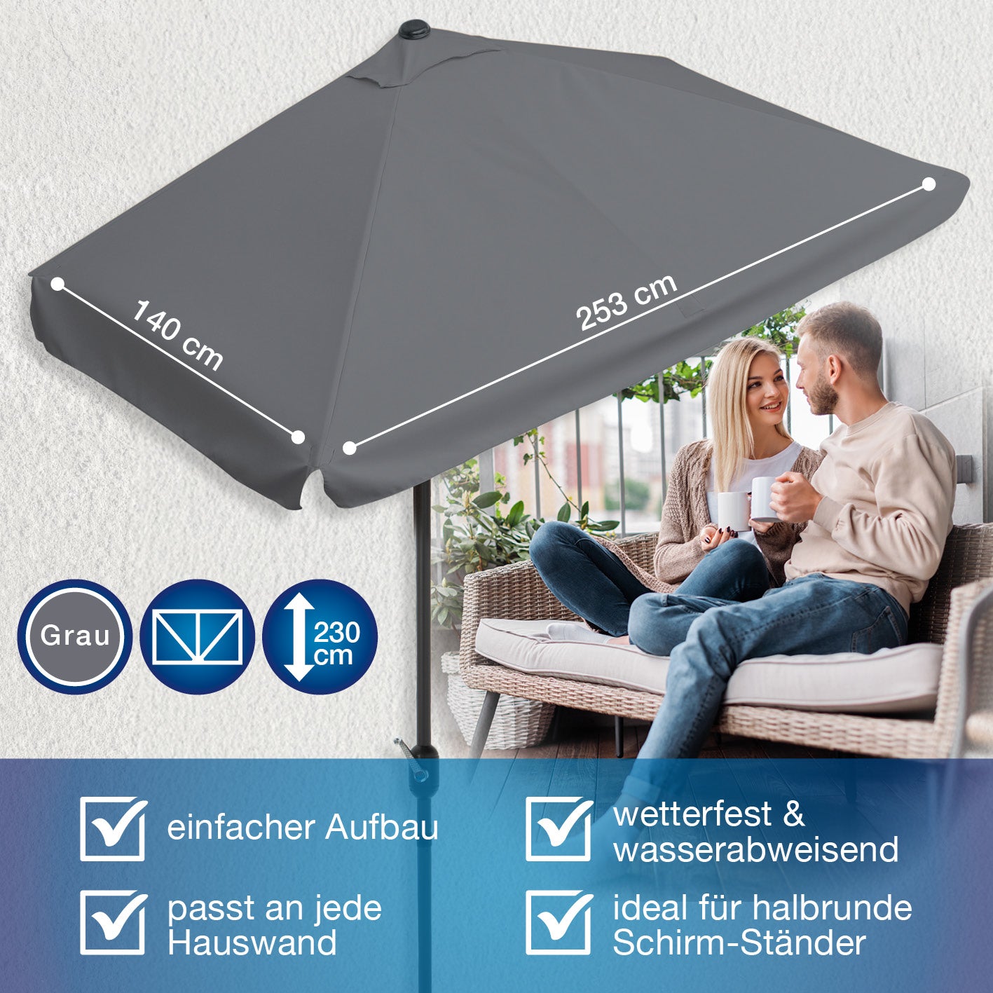 EASYmaxx Sonnenschirm - rechteckig, grau, 230x140x253 cm, platzsparend, UV-Schutz 40+, wetterfest, ideal für kleine Balkone und Terrassen.