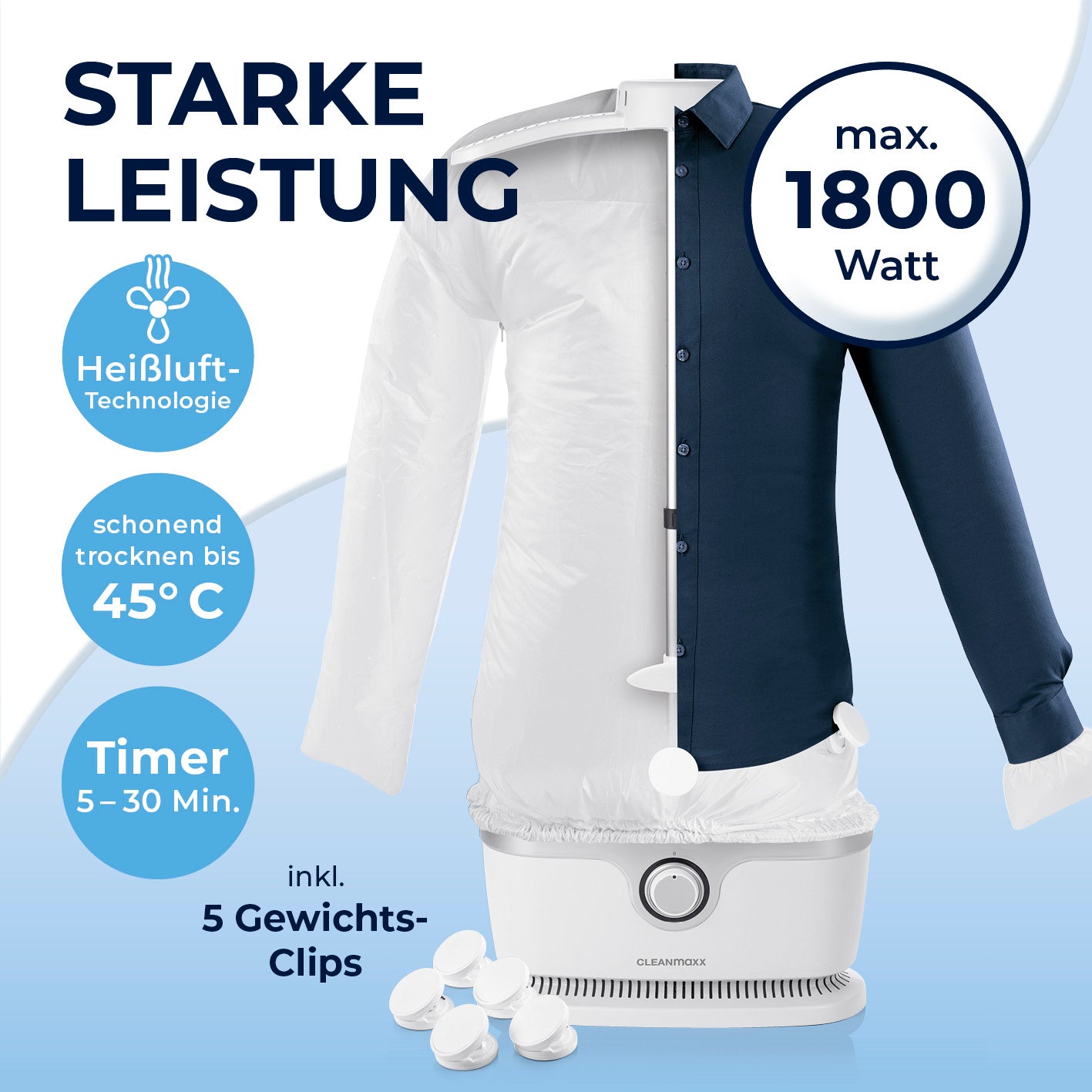 Hemdenbügler PRO - Silber/Weiß mit 1800 Watt Heißluft-Technologie für schonendes Trocknen und Bügeln bis 45 °C, inklusive 5 Gewichts-Clips.