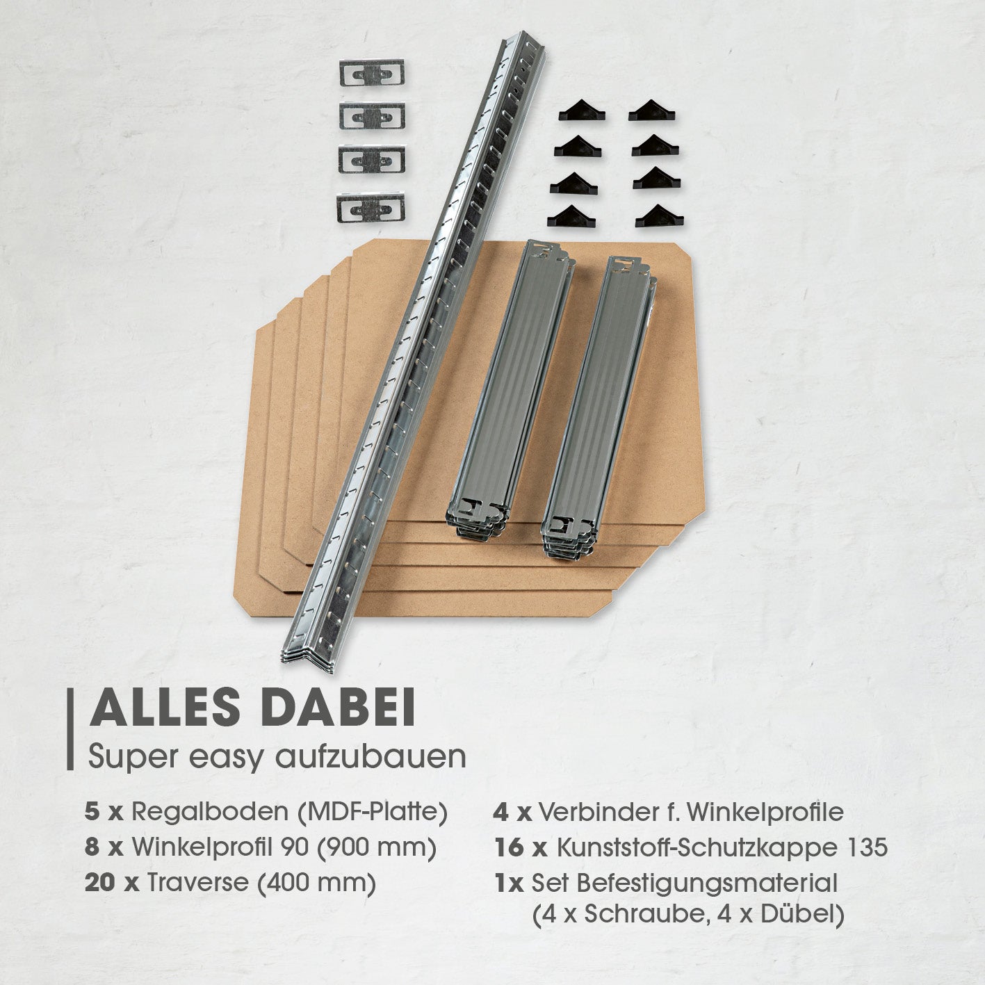 Schwerlastregal & Werkbank - 180 x 40 x 40 cm - 875 kg Traglast, 175 kg pro Ebene, Bauteile für einfache Montage auf weißem Hintergrund.