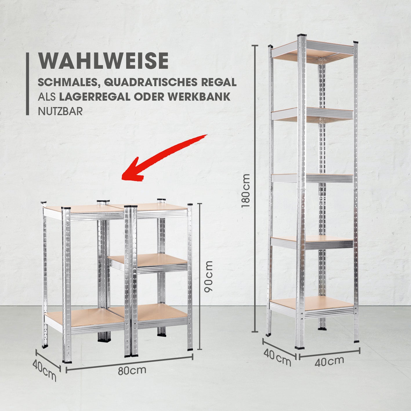 Schwerlastregal & Werkbank - 180 x 40 x 40 cm - 875 kg Traglast, 175 kg pro Ebene, nutzbar als Regal oder Werkbank