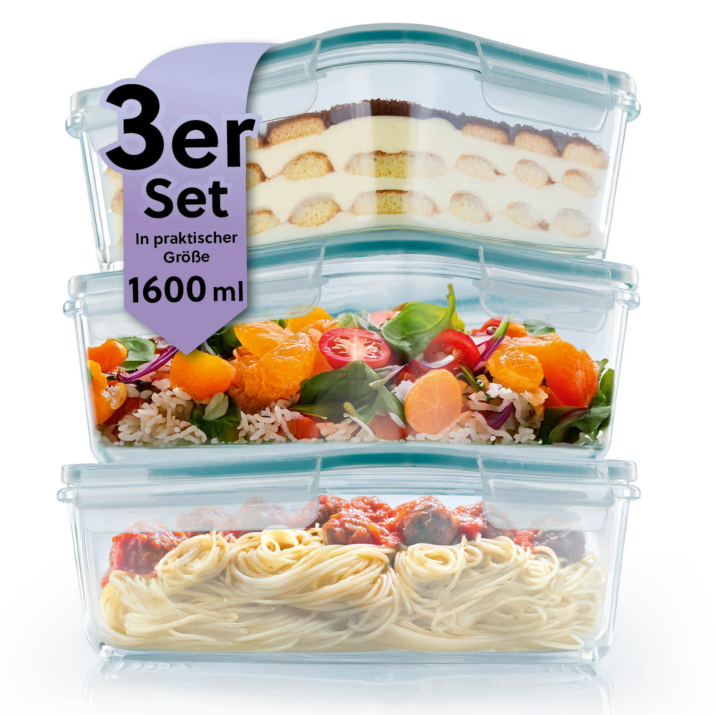 Frischhaltedosen Klick-it, 6-tlg., Mint – 3 luftdichte Glasdosen à 1600 ml, spülmaschinen- und mikrowellenfest, ideal für Meal Prep.