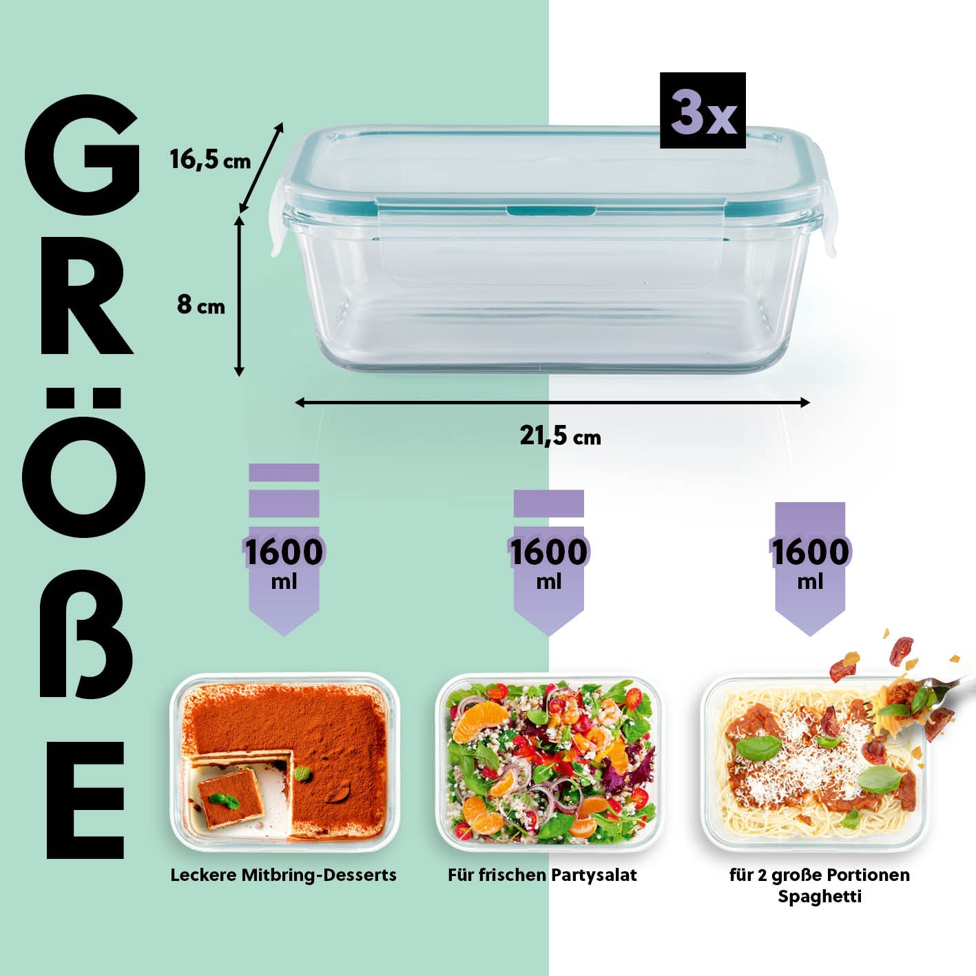 Frischhaltedosen Klick-it, 6-tlg., Mint – 3 luftdichte Glasdosen à 1600 ml, spülmaschinenfest, ideal für Aufschnitt, Salat und Meal Prep.