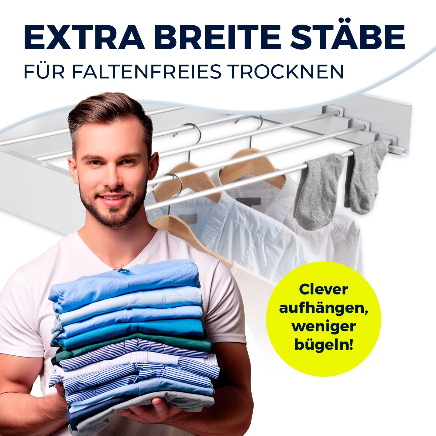Wandwäschetrockner 400 mit extra breiten Stäben für faltenfreies Trocknen und platzsparende Wandmontage, ideal für drinnen und draußen.