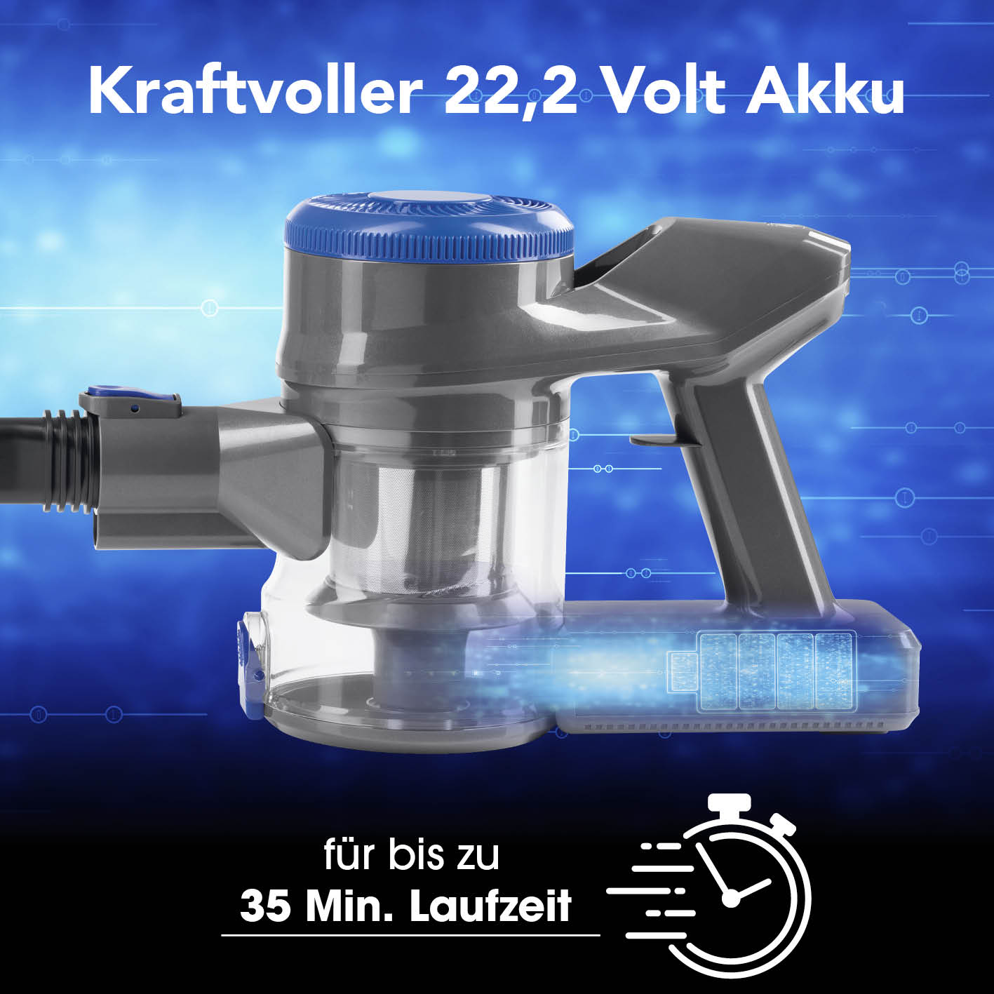 Akku-Hand- & Bodenstaubsauger - anthrazit/blau mit 22,2 Volt Akku und bis zu 35 Min. Laufzeit für kabelloses Saugen.