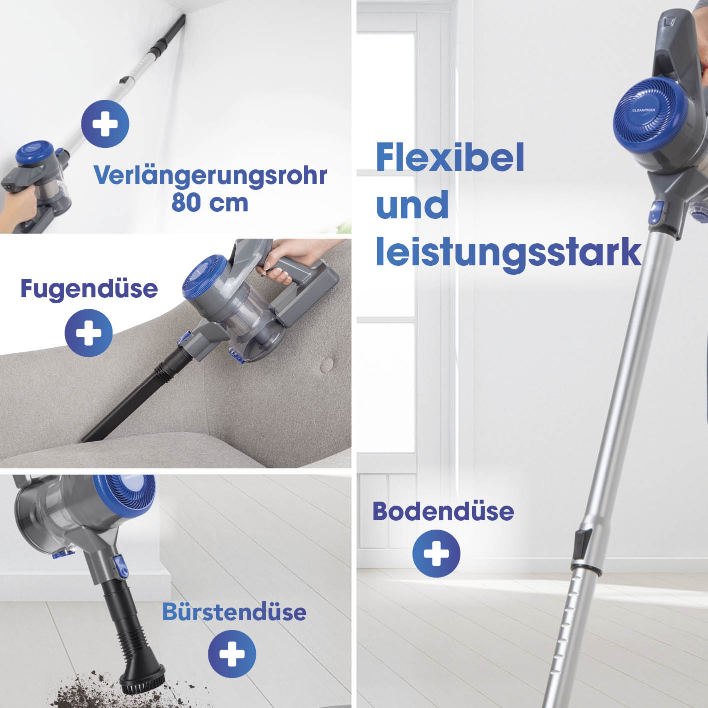 Akku-Hand- & Bodenstaubsauger anthrazit/blau mit Verlängerungsrohr, Fugendüse, Bürstendüse und Bodendüse, flexibel und leistungsstark.