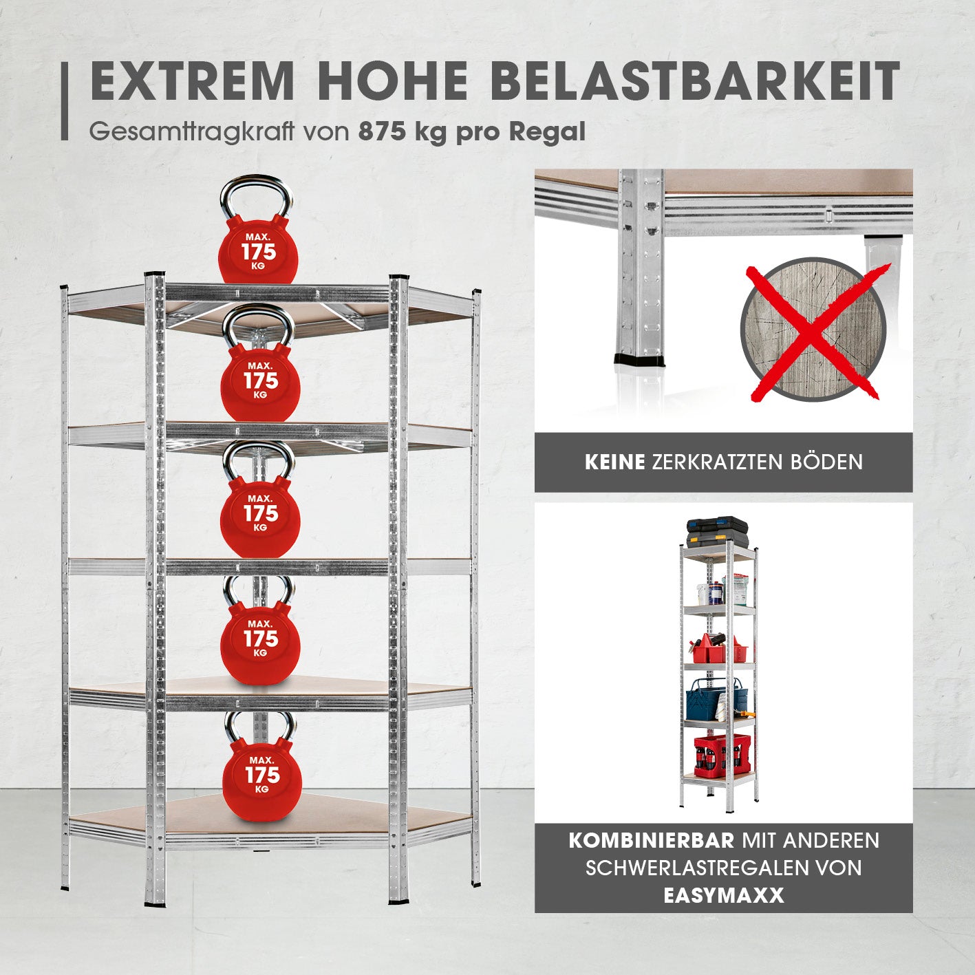 Schwerlastregal & Werkbank - 3er-Set - 2625 kg Traglast, 175 kg pro Ebene & 15 Ebenen mit hoher Belastbarkeit und Bodenschutz.