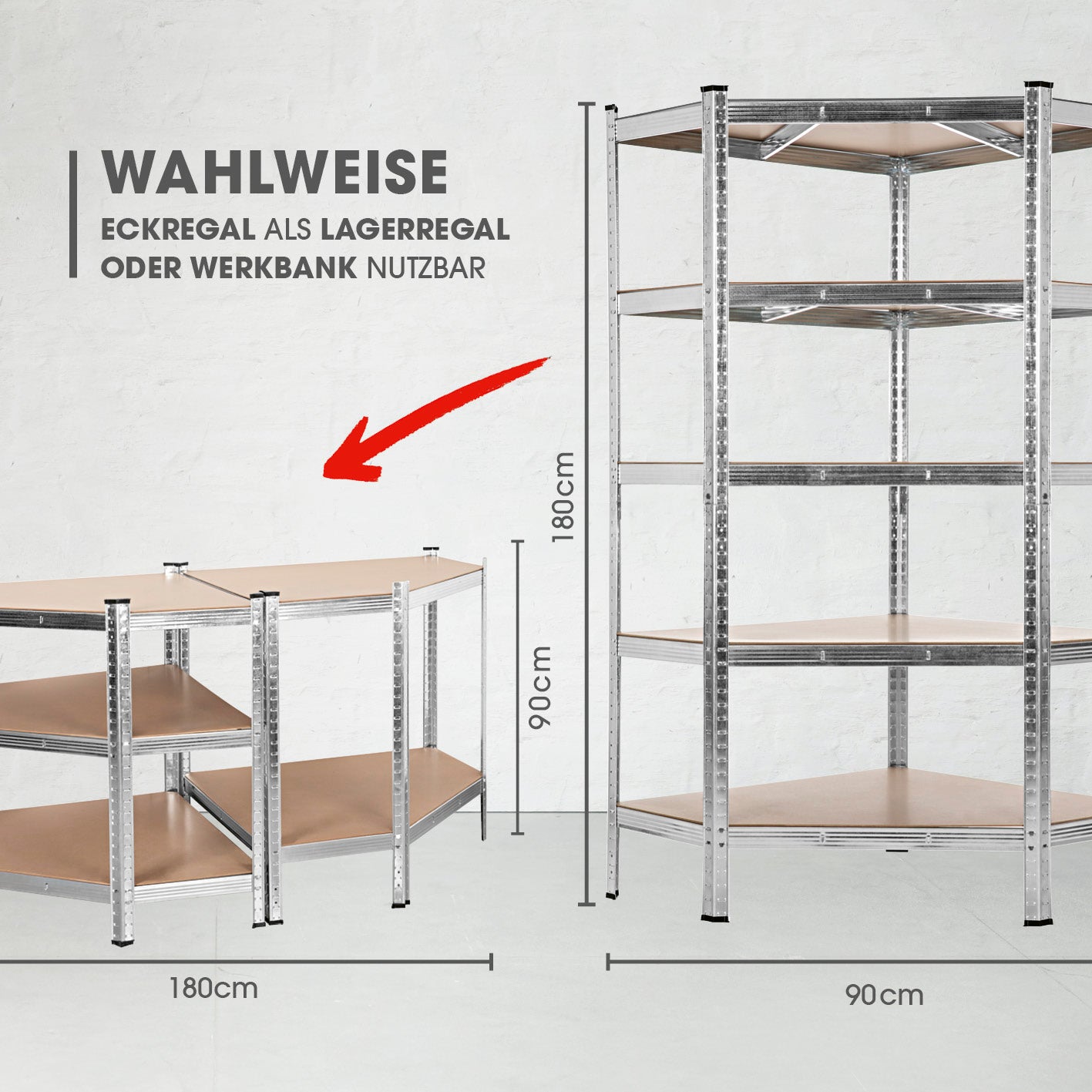 Schwerlastregal & Werkbank - 3er-Set mit 15 Ebenen, 2625 kg Traglast, als Eckregal oder Werkbank nutzbar, Maße 180x90x180 cm.
