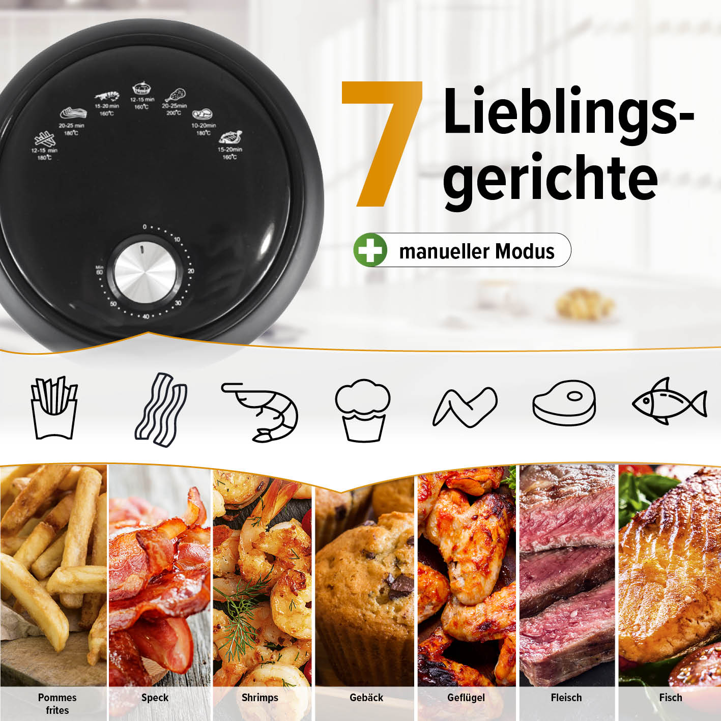 Heißluftfritteuse - 2,3 l mit 7 Lieblingsgerichten, manueller Modus und 8 Funktionen für fettarmes Frittieren und schnelles Garen.