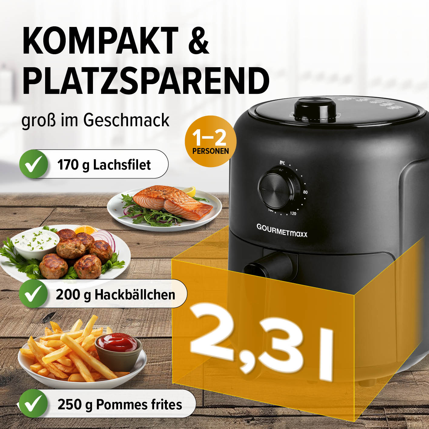 Heißluftfritteuse - 2,3 l für 1–2 Personen mit 1000 W, 360°-Luftzirkulation und platzsparendem Design.