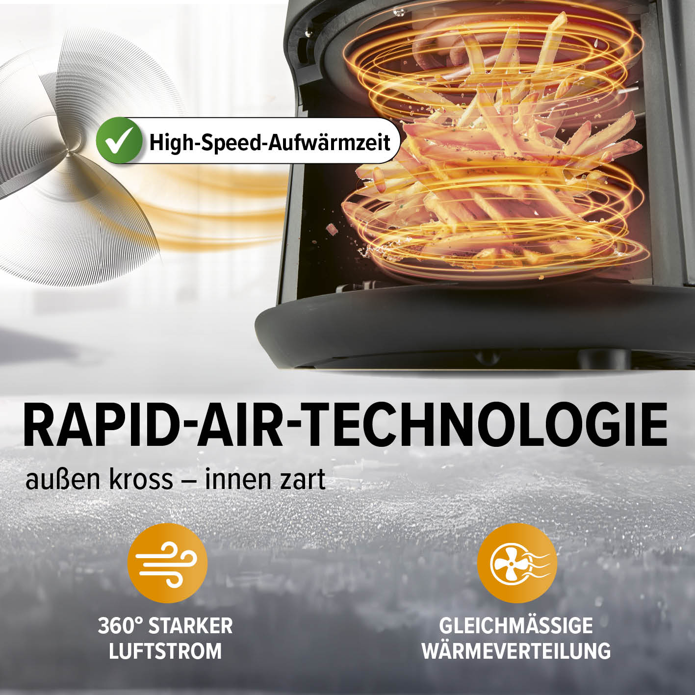 Heißluftfritteuse - 2,3 l mit Rapid-Air-Technologie für schnelles, fettarmes Garen und gleichmäßige Wärmeverteilung.