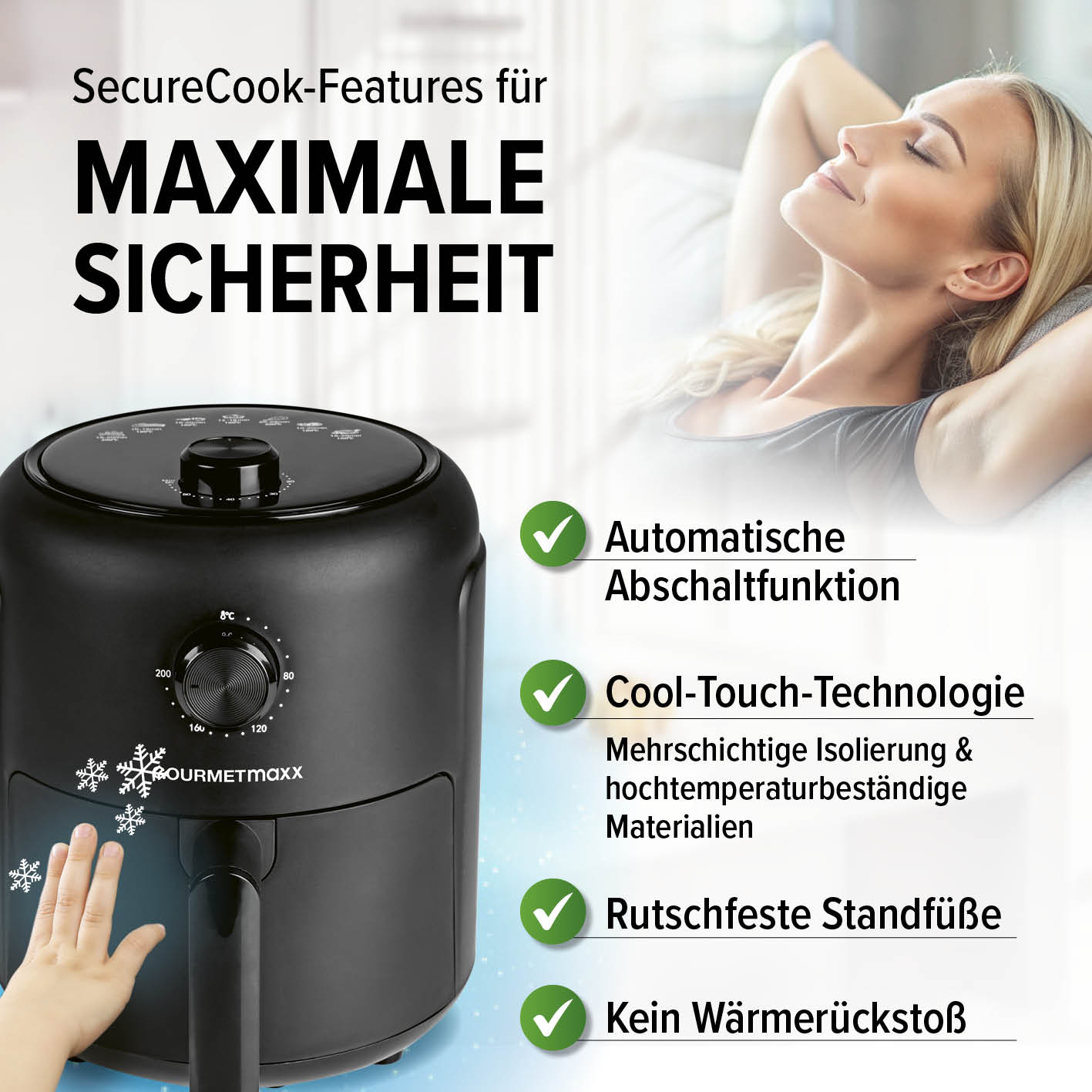 Heißluftfritteuse - 2,3 l mit automatischer Abschaltung, Cool-Touch-Technologie und rutschfesten Standfüßen für maximale Sicherheit.