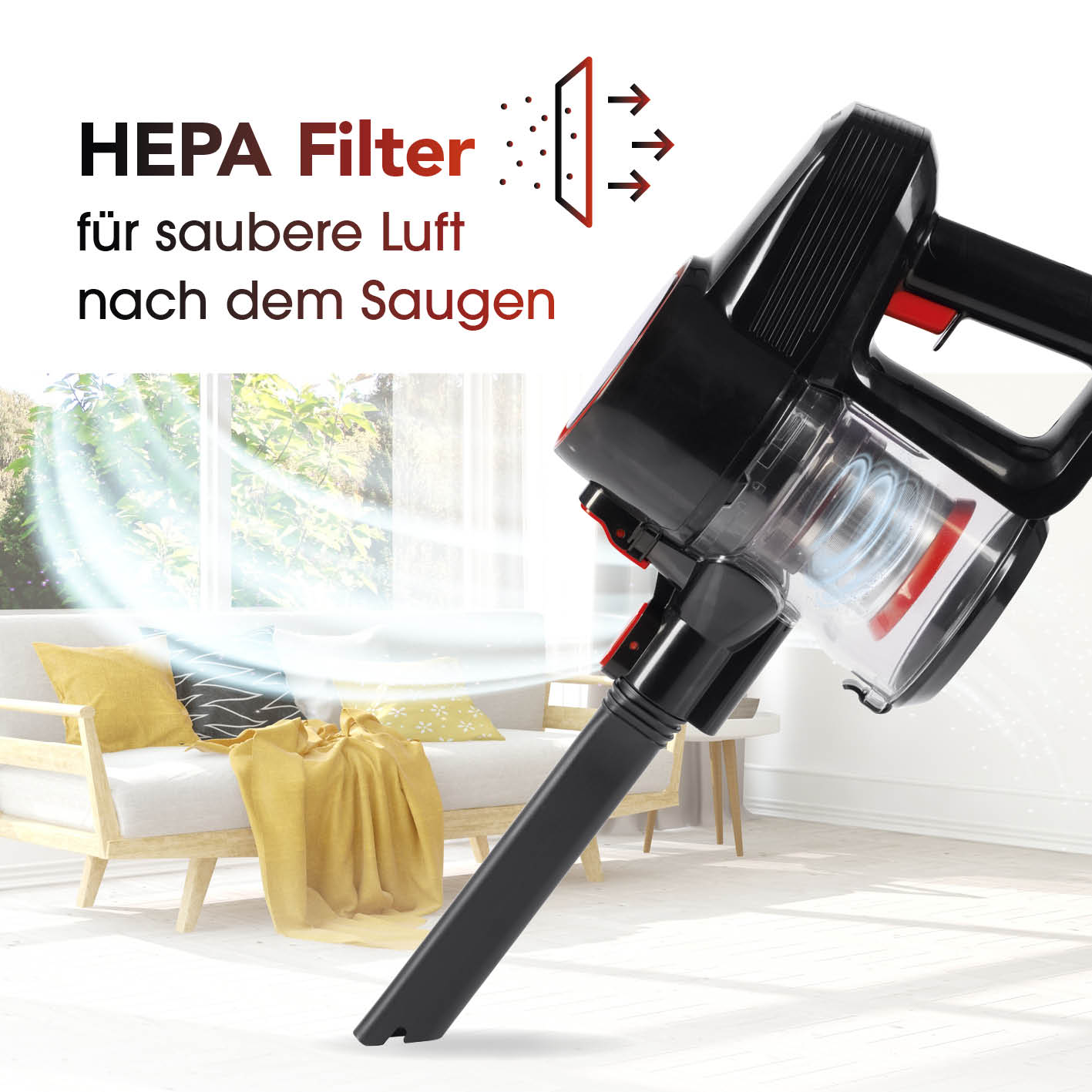 Akku-Zyklon-Staubsauger mit elektr. Bodendüse und HEPA-Filter für saubere Luft nach dem Saugen, kabellos und leistungsstark.